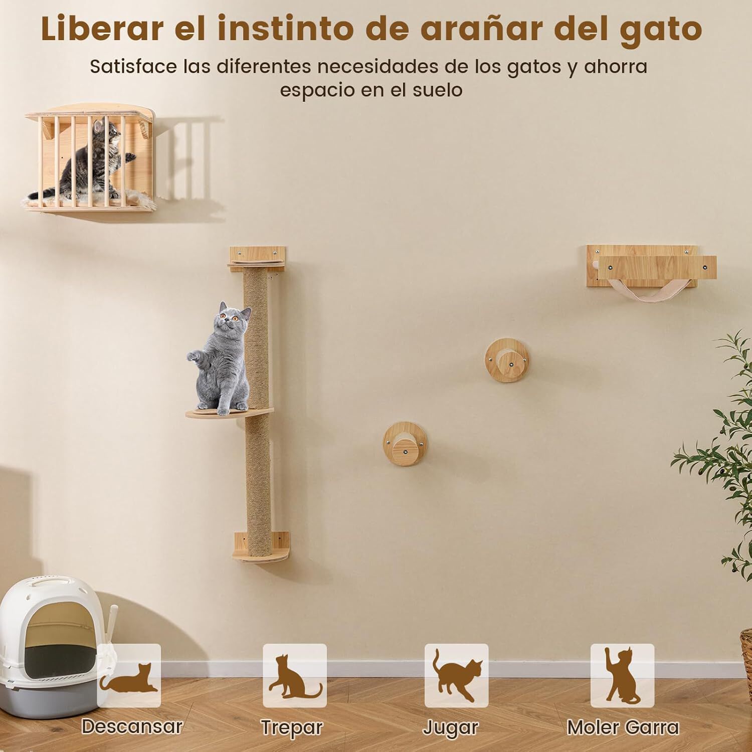 COSTWAY Set de Pared de Escalada para Gatos, 5PCS Estante de Escalada para Gatos de Pared, con Árbol de 3 Niveles, Hamaca, Poste y Alfombras Rascadores, Centro de Actividades Que Ahorra Espacio thumbnail