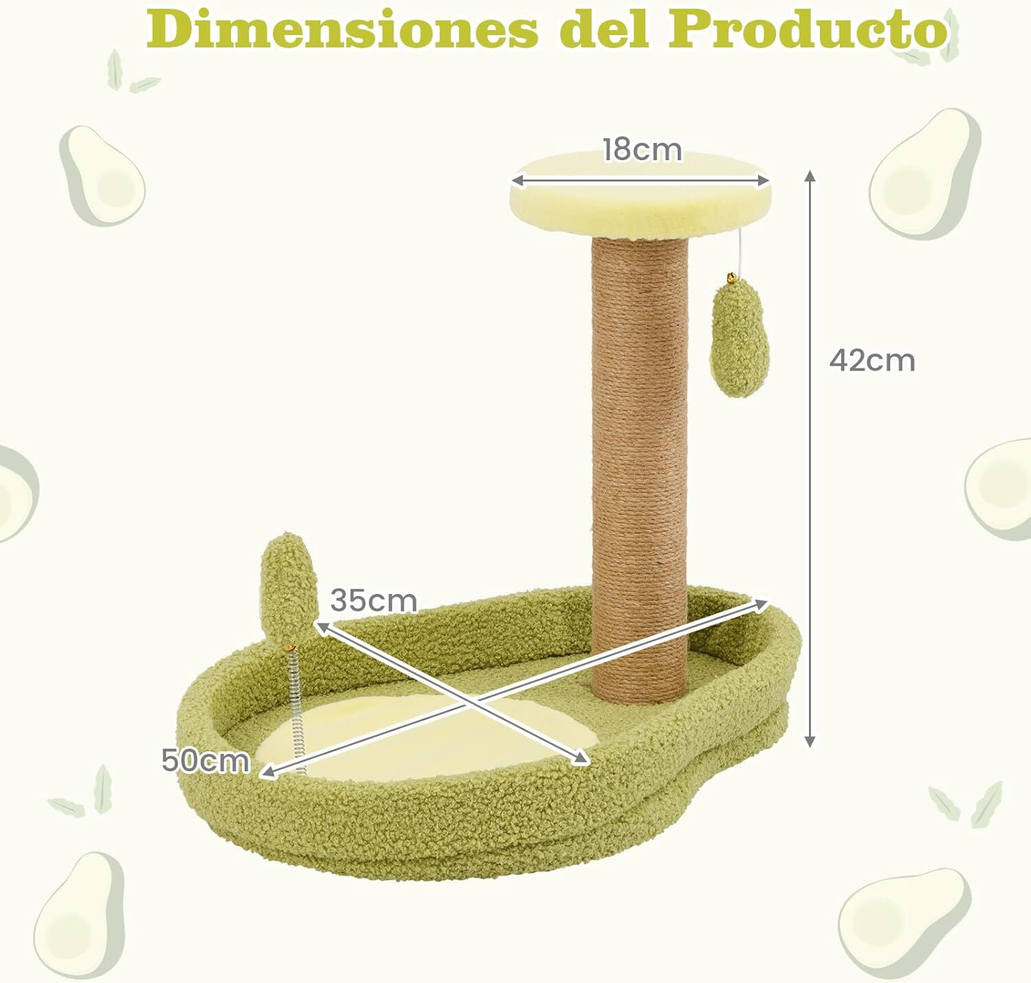 COSTWAY Rascador para Gatos, Torre para Gatos de 2 Niveles con Tema de Aguacate, Juguete con Resorte Postes de Rascado de Yute, Base Ancha Antideslizante, Mueble de Escalada Compacto para Gatos, , large Imagen numero 2