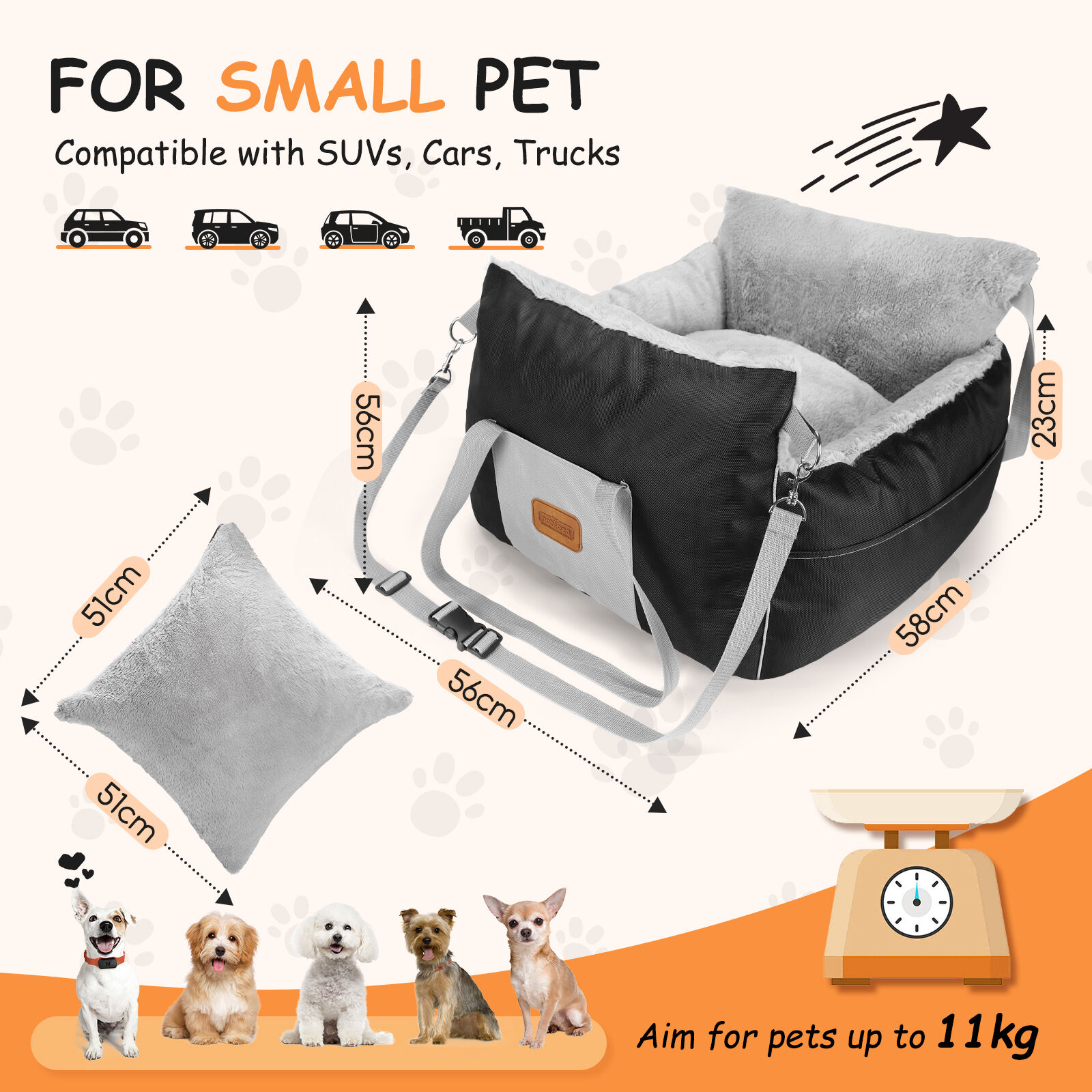 Nobleza Asiento de Coche negro con Cojín Reversible y Bolsa de Almacenamiento para Perros Pequeños thumbnail