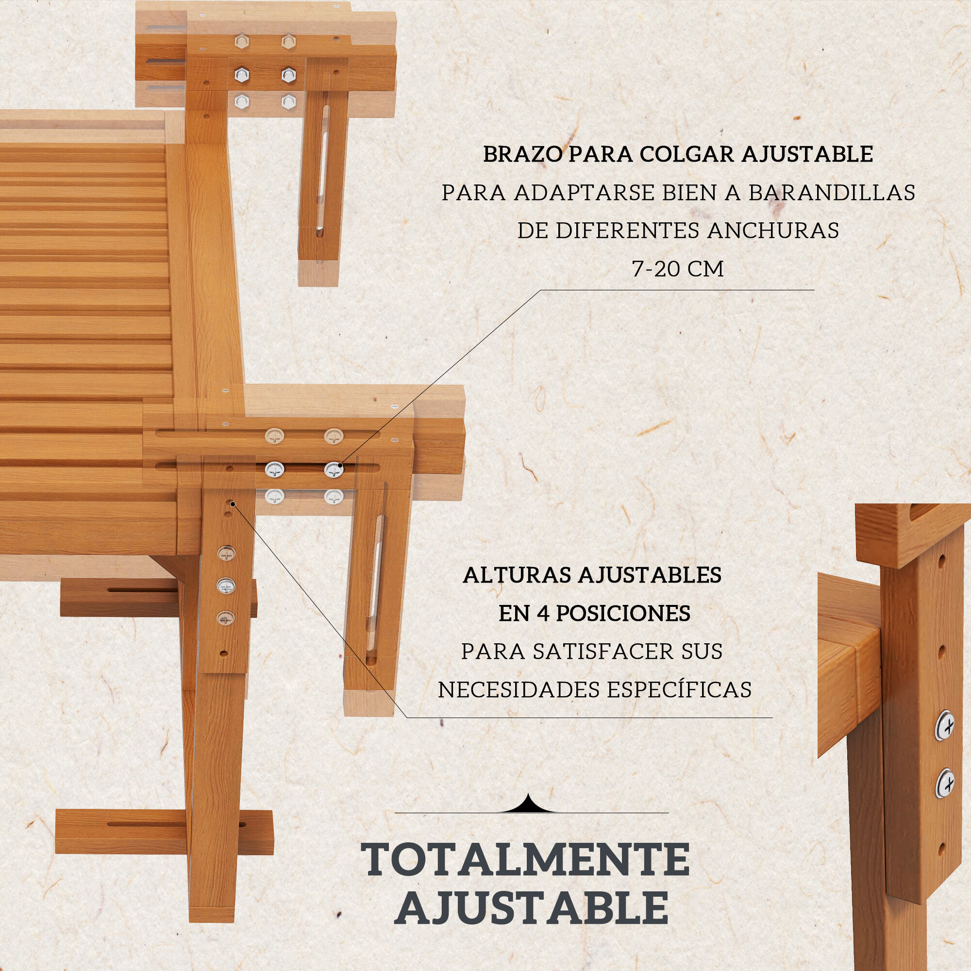 Outsunny Mesa Colgante de Balc&oacute;n Mesa para Balc&oacute;n Plegable de Madera con Altura Ajustable en 4 Niveles Carga 20 kg para Terraza 68x65x40,5-55 cm Madera Natural, , large Imagen numero 4