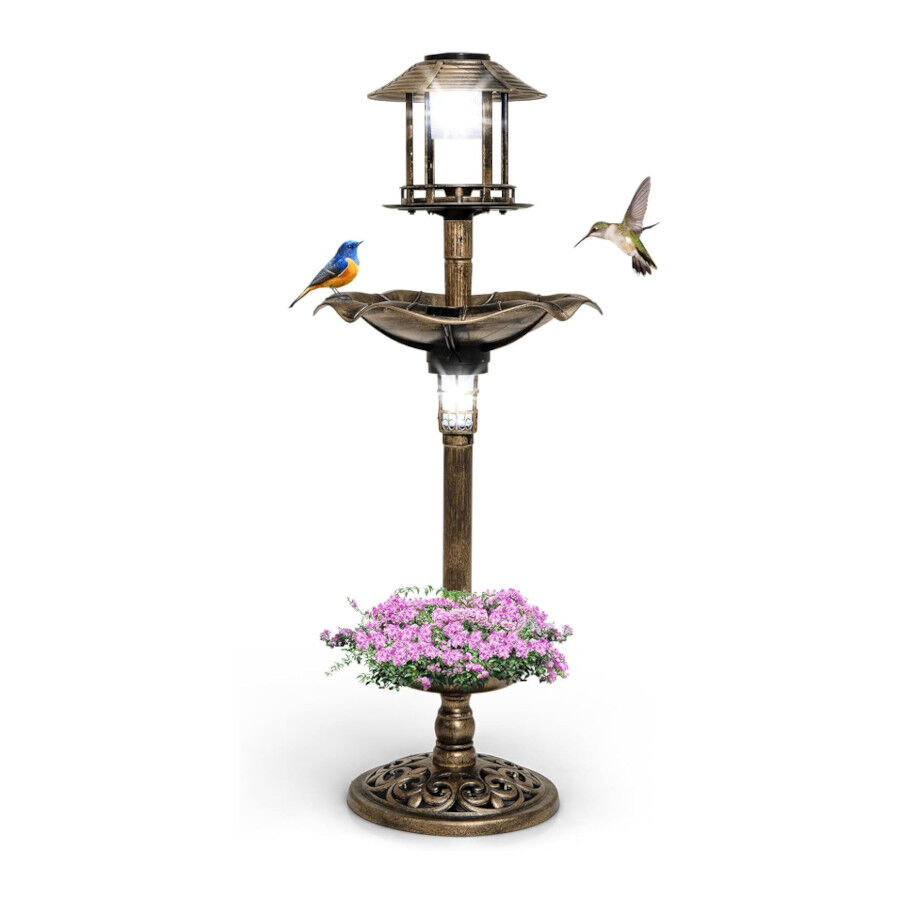 COSTWAY Comedero de Pájaros Exterior con 2 Luces LED Solares y Macetero de Flores en bronce para aves