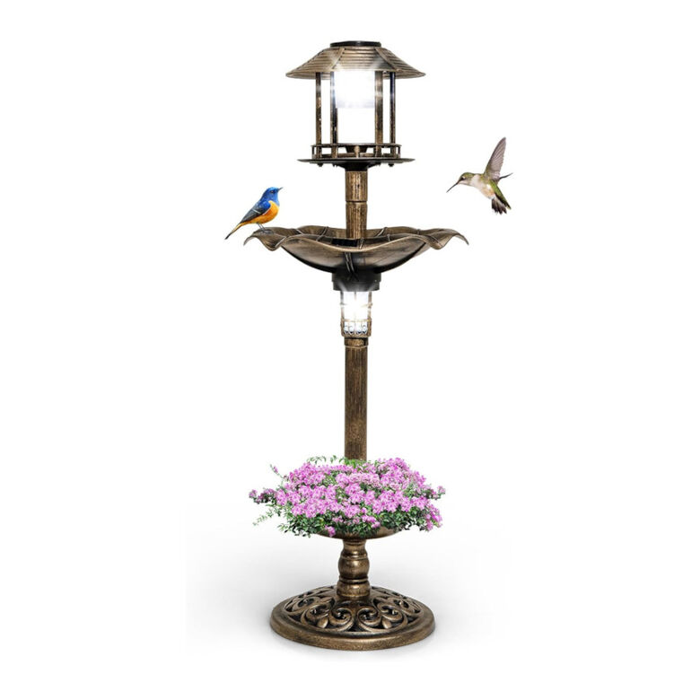 COSTWAY Comedero de Pájaros Exterior con 2 Luces LED Solares y Macetero de Flores en bronce para aves thumbnail