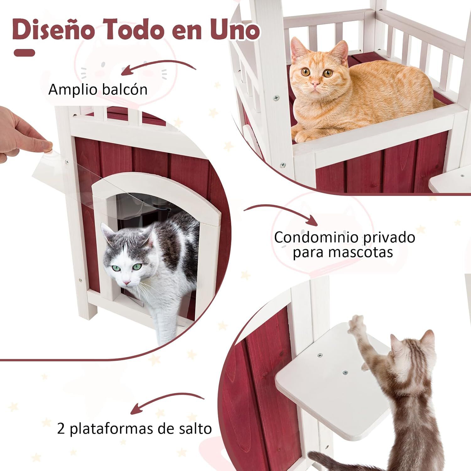 COSTWAY Caseta para Gatos de Madera, Casa para Mascotas de 2 Pisos con Techo de Asfalto, Cortina de Lluvia y Plataformas de Saltar, Refugio para Gatos a Prueba de Intemperie, 58 x 50 x 87 cm thumbnail