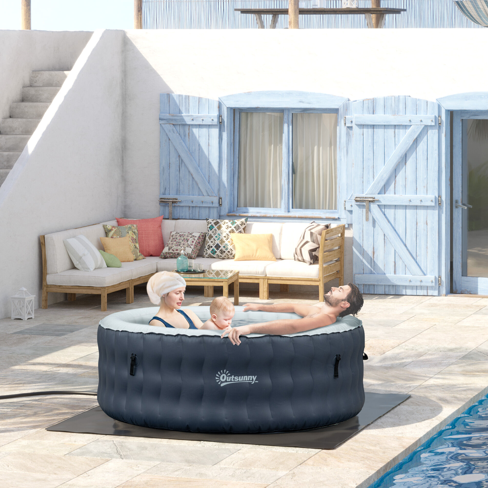 Outsunny Spa Hinchable Redondo para 4 Personas 950L Ba&ntilde;era de Hidromasaje Hinchable para Exteriores &Oslash;195x68 cm con 108 Chorros de Masaje Control Remoto y Funda Protectora Azul, , large Imagen numero 2