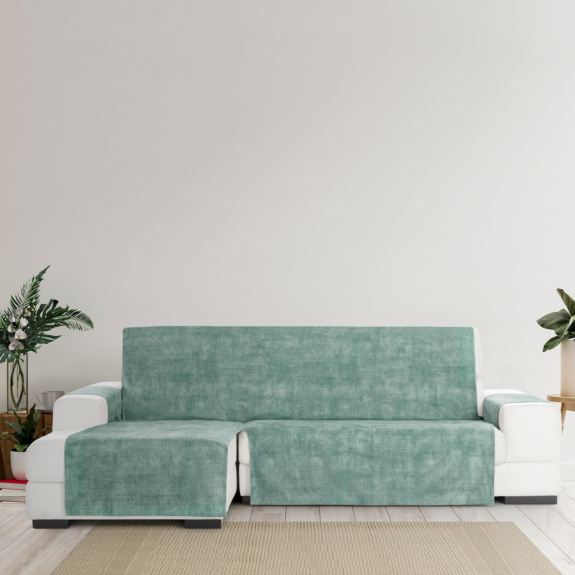 Cubre Sof&aacute; Protector Antimanchas acabado aterciopelado Verde Chaise Longue Izquierdo Extra 290 cm (300-350 cm), , large Imagen numero 3