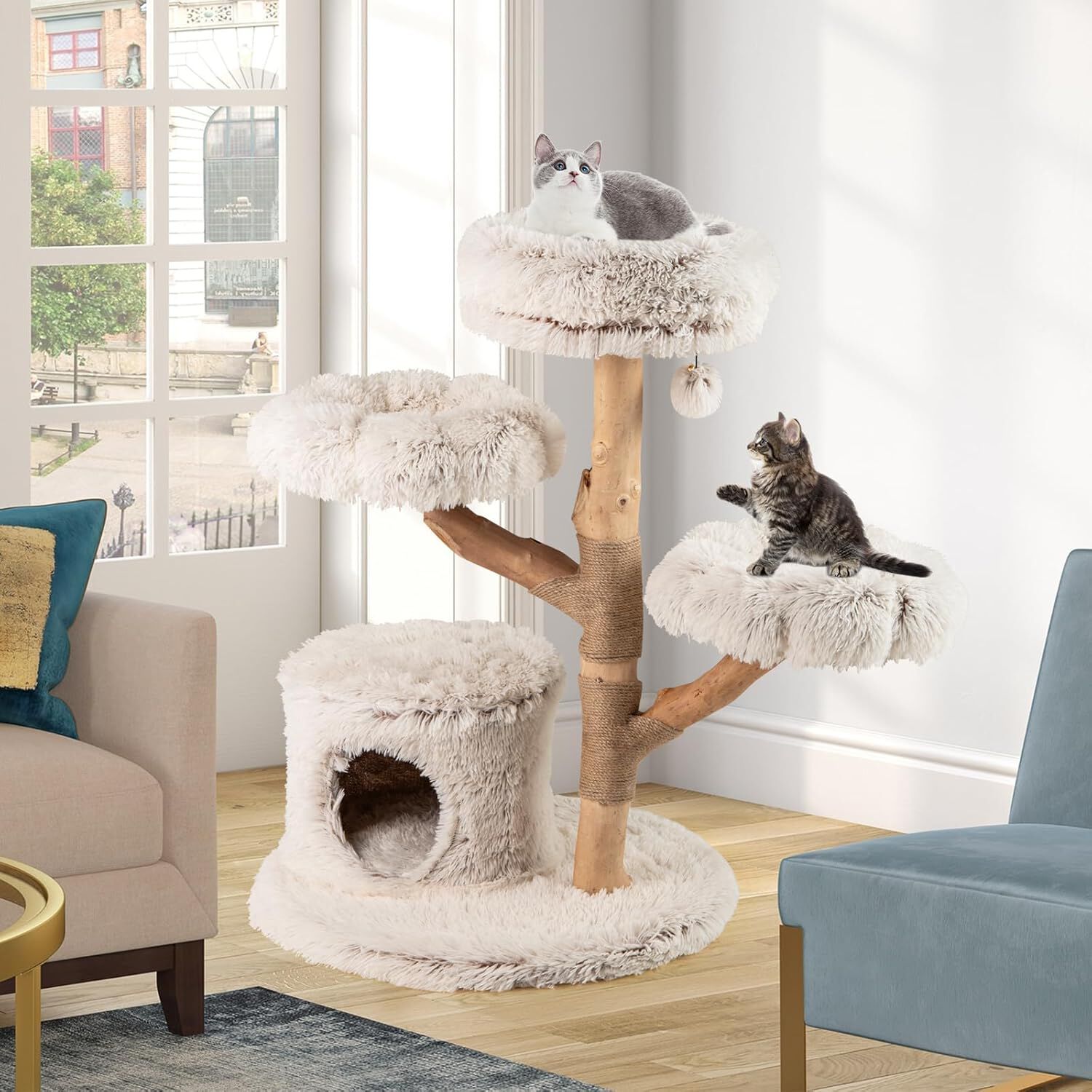 COSTWAY &Aacute;rbol para Gatos Moderno de Madera Maciza, 102 cm Torre Gatos Rascador Acolchado con Felpa Extra Suave, Rascador para Gatito, 3 Plataformas, Poste de Yute, Nido, Bola Colgante, Blanco, , large Imagen numero 2