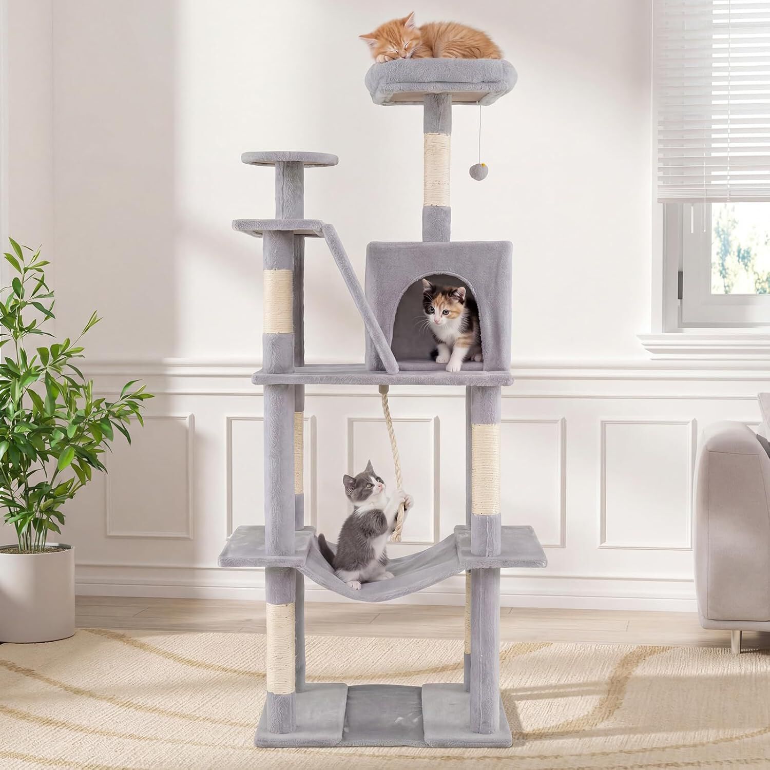 COSTWAY &Aacute;rbol Rascador para Gatos 158 CM, Torre Multinivel con 2 Cuevas Grandes,Hamaca, 3 Postes Rascadores de Sisal, Rampa y Bola Colgante, Torre Rascador de Felpa para Gatos (Gris Claro), , large Imagen numero 2