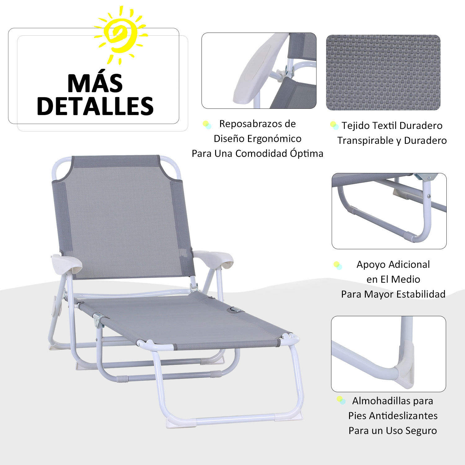 Outsunny Conjunto de 2 Tumbonas Plegables Tumbonas de Jard&iacute;n con Respaldo Ajustable en 4 Niveles Carga 120 kg para Terraza Piscina 186x66x80 cm Gris, , large Imagen numero 4