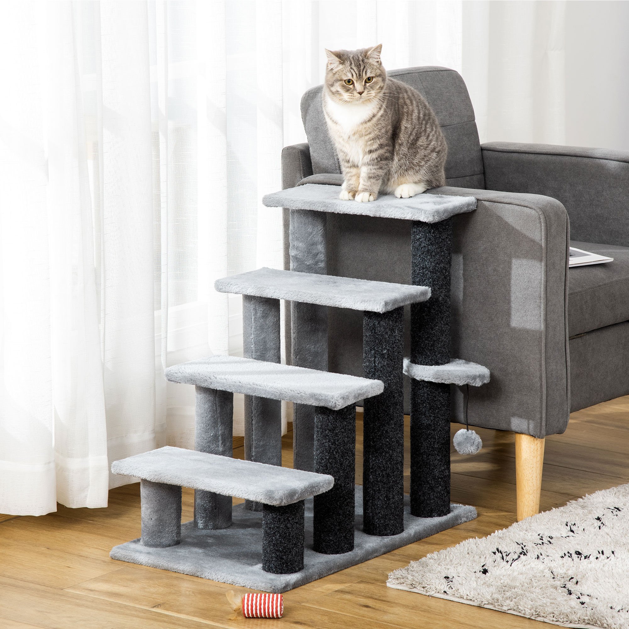 PawHut Escaleras para Gatos de 4 Escalones Escaleras para Mascotas &Aacute;rbol Rascador para Gatos Peque&ntilde;o con Poste Rascador Bola Colgante 60x40x64 cm Gris, , large Imagen numero 2