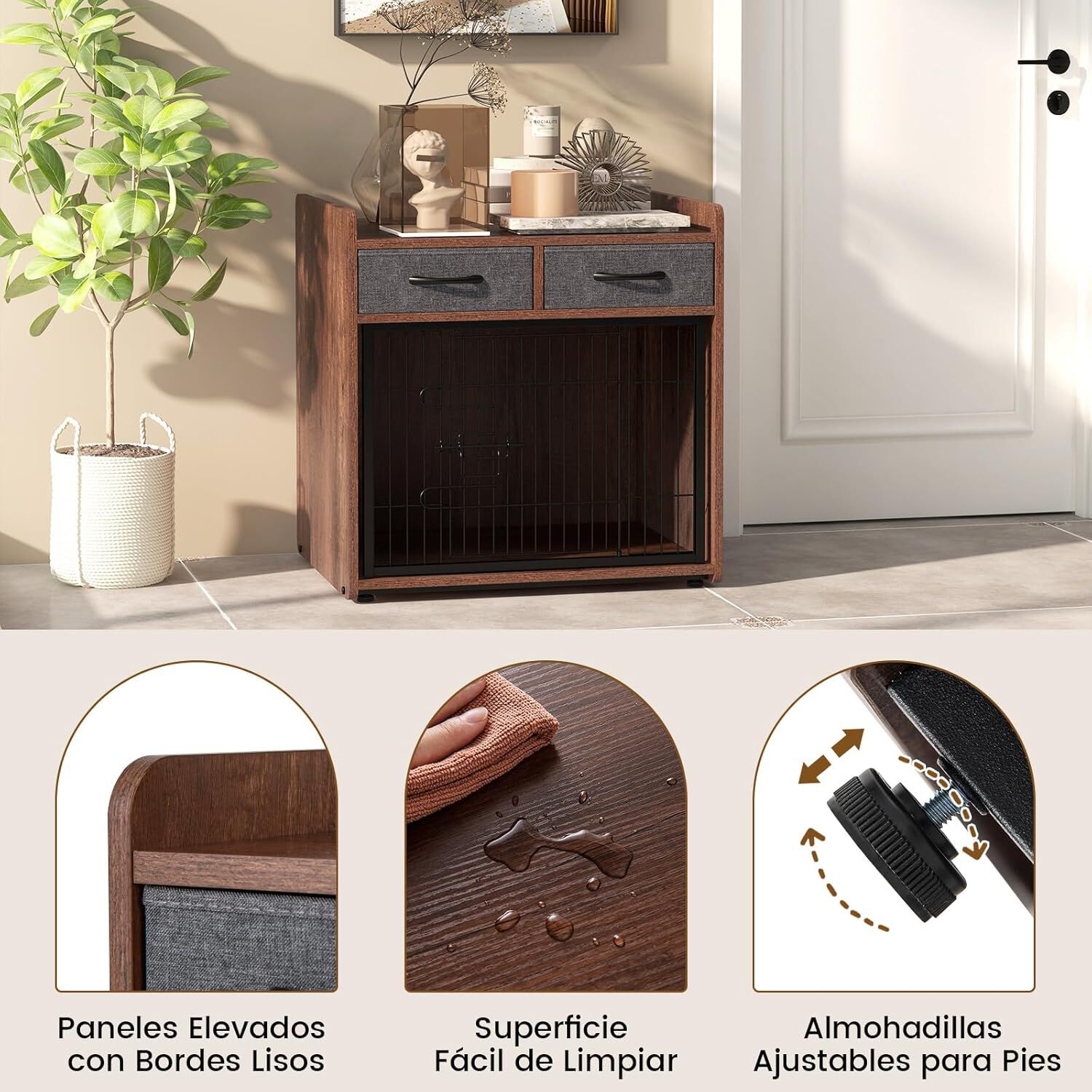 COSTWAY Jaula para Perros de Madera, Cajones Perro Estilo Mueble con 2 Cajones de Tela, Puerta con Cerradura, Casa para Mascotas para Perros Peque&ntilde;os y Medianos, Mesa Auxiliar, 62X49,5X63 cm, , large Imagen numero 2