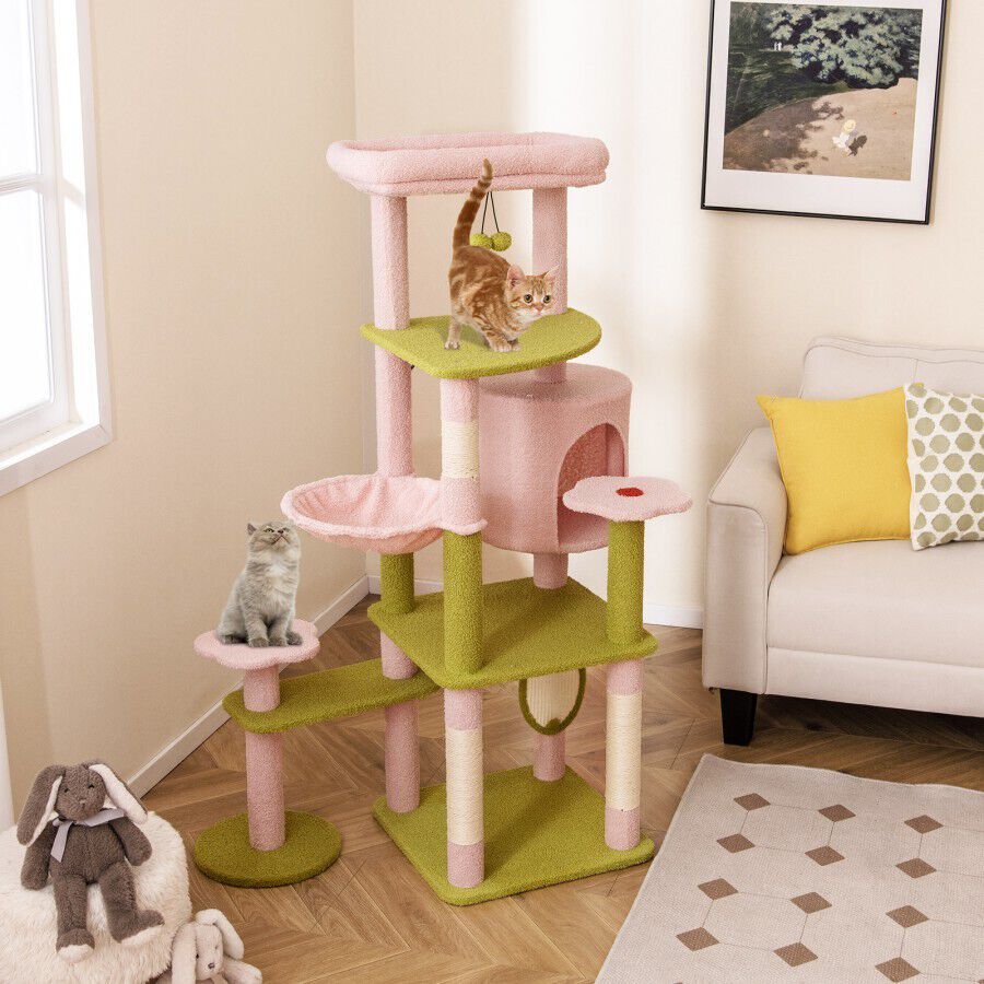 COSTWAY &Aacute;rbol para Gatos de 148 cm, Torre Multinivel Est&eacute;tica Floral para Gatos con Percha, Condo, Hamaca, Postes y Tablero de Rascado de Sisal, Bolas Colgantes, Centro de Actividades para Gatos de Interior &nbsp;, , large Imagen numero 3