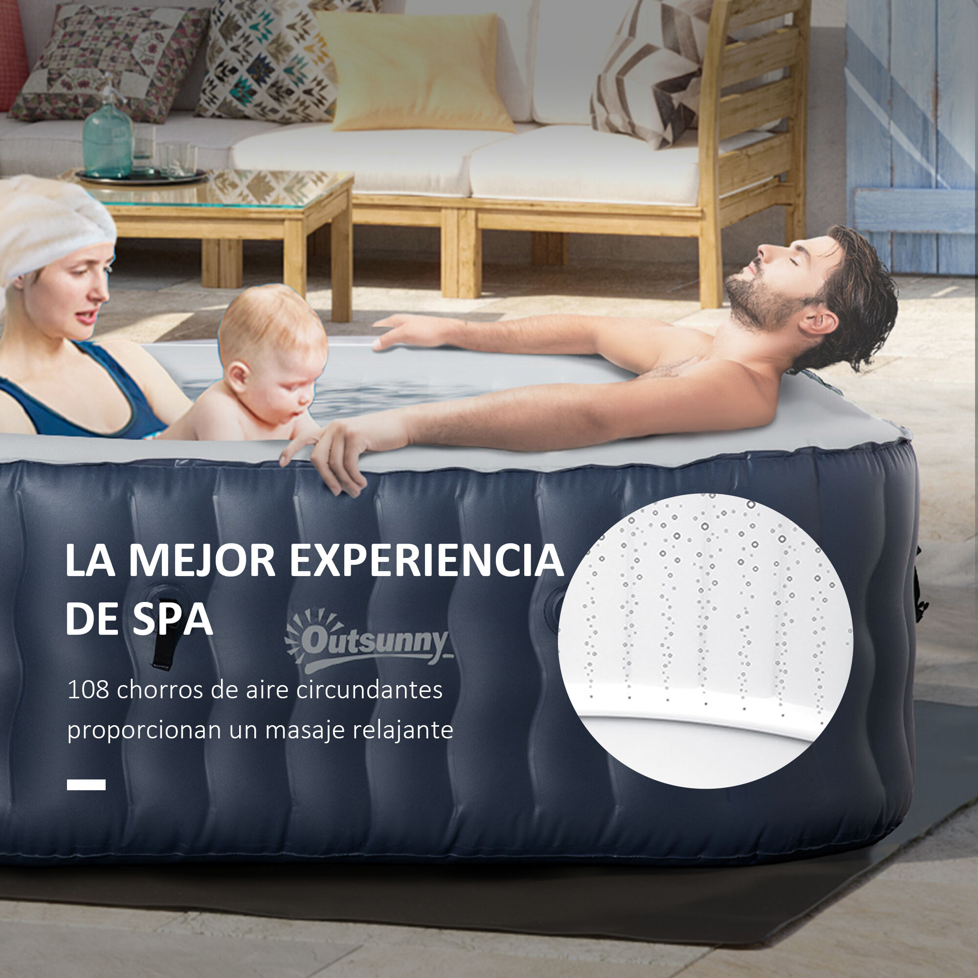 Outsunny Spa Hinchable Cuadrado para 4 Personas 930L Ba&ntilde;era de Hidromasaje Hinchable para Exteriores 180x180x68 cm con 108 Chorros de Masaje Control Remoto y Funda Protectora Azul, , large Imagen numero 4