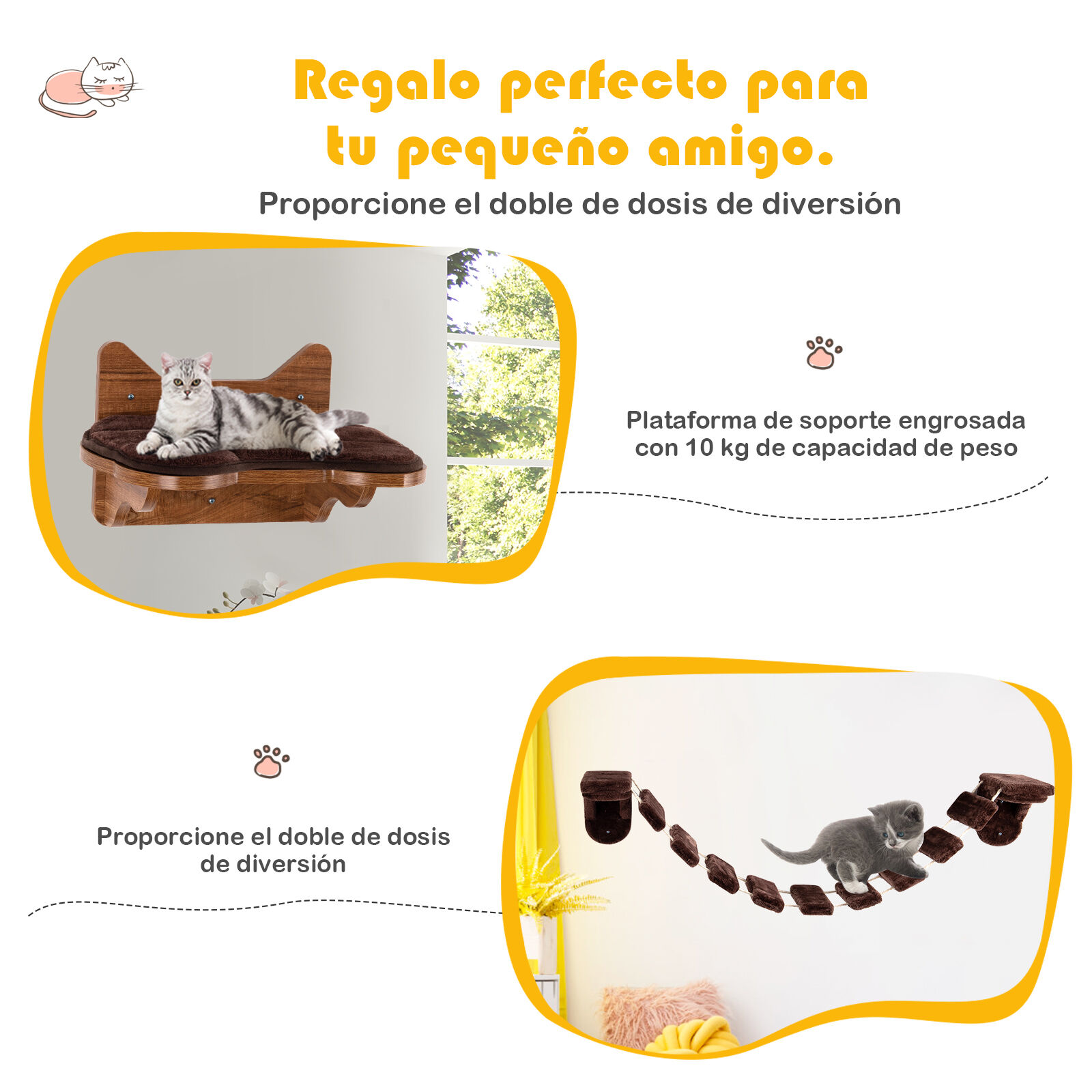 COSTWAY Escalera para Gatos Cama de Madera para Gatos Montada a la Pared Centro Actividad de Interior para Gatos, , large Imagen numero 5