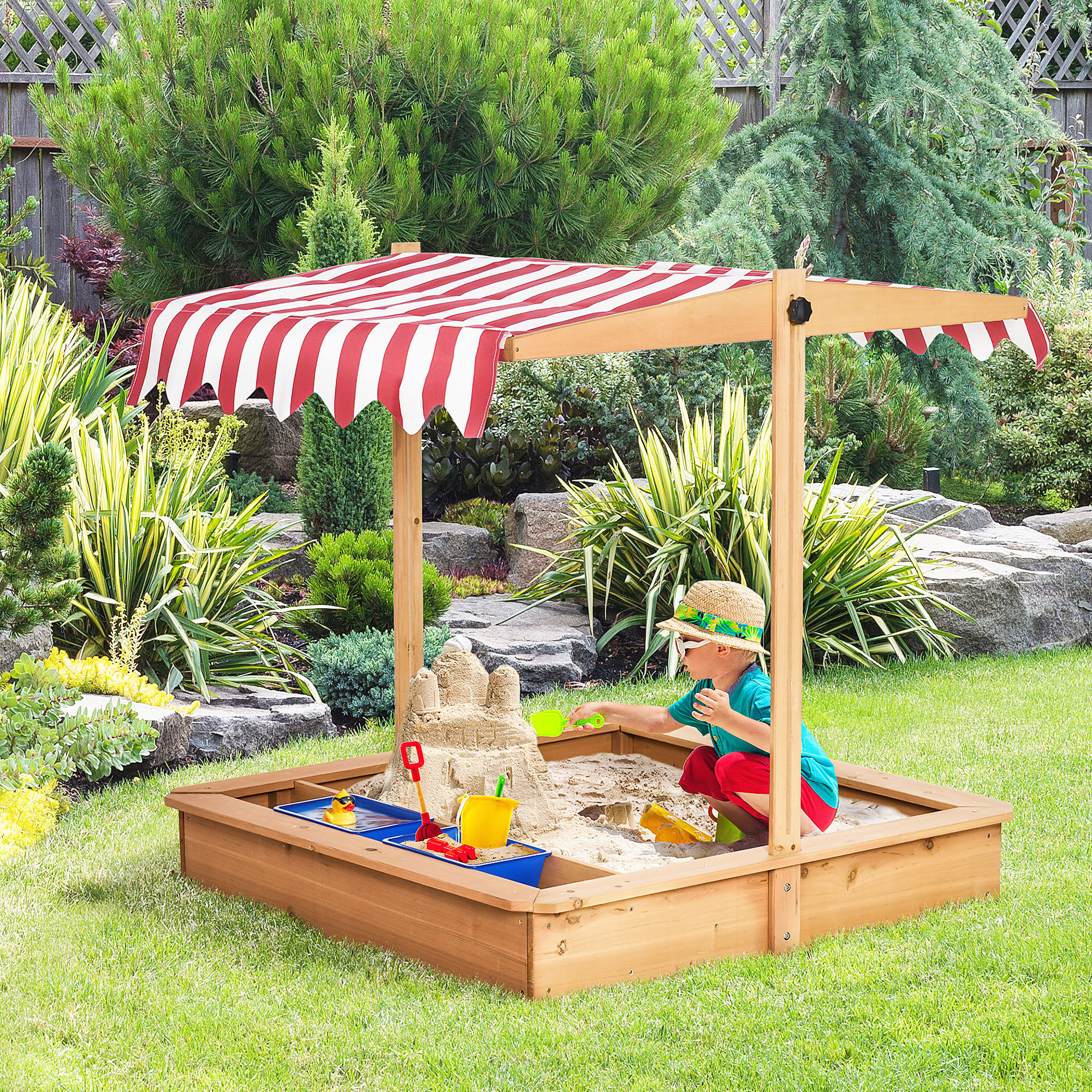 Outsunny Arenero Infantil de Madera con Techo Inclinable Ajustable en Altura y 2 Cubetas de Pl&aacute;stico Caj&oacute;n de Arena de Jard&iacute;n para Ni&ntilde;os +3 A&ntilde;os 107,5x107,5x110 cm Natural, , large Imagen numero 2