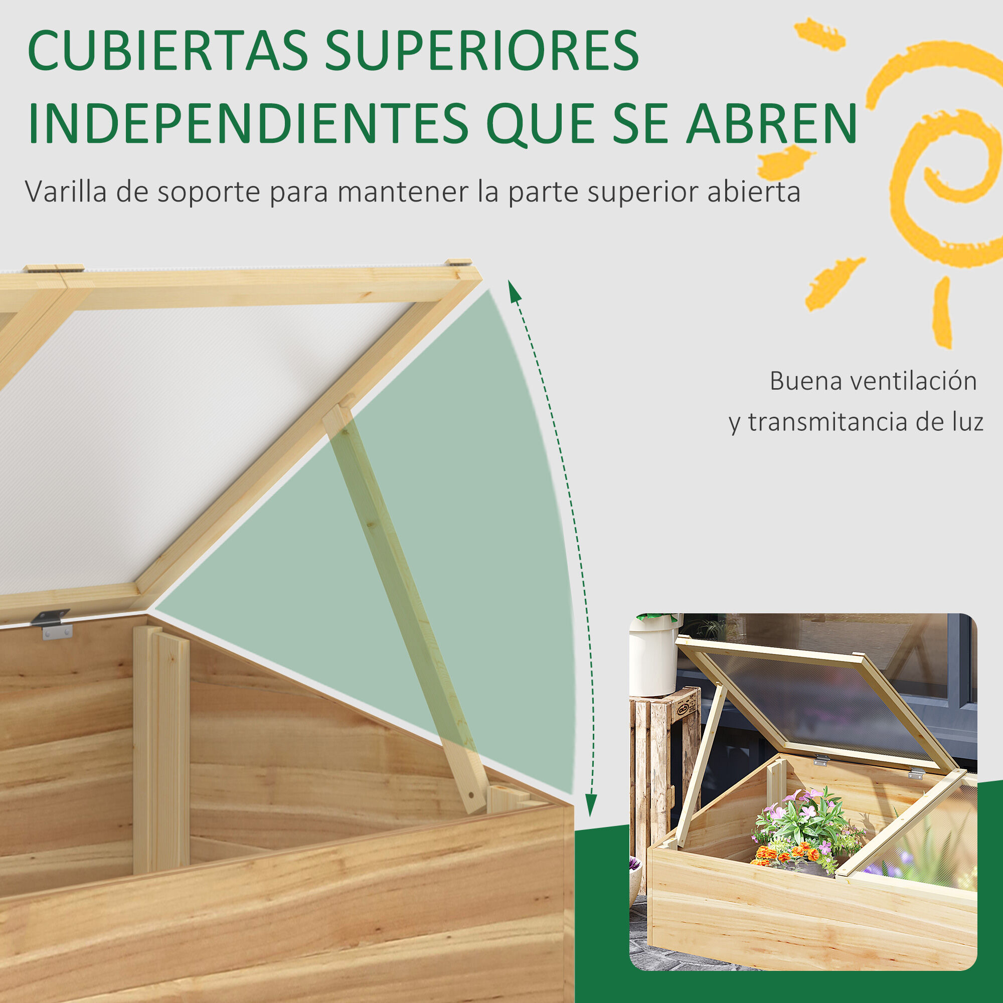 Outsunny Invernadero de Madera Huerto Urbano Vivero Casero con Doble Tapa de Policarbonato Abatible para Cultivo de Plantas Huerto Jard&iacute;n Terraza Patio Exterior 100x50x36 cm Natural, , large Imagen numero 5