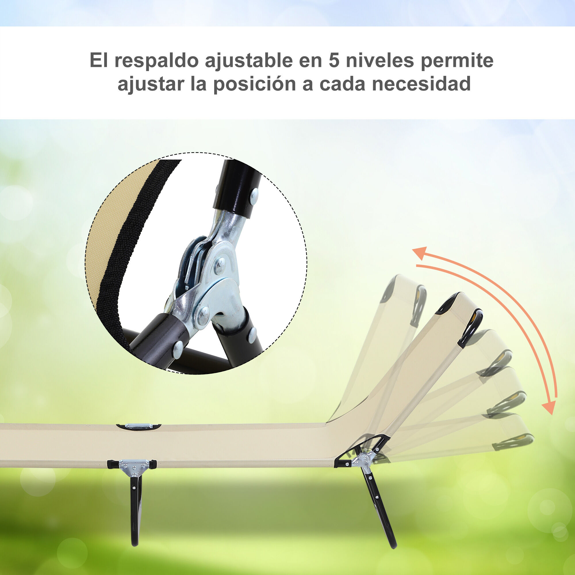 Outsunny Tumbona Plegable Reclinable con &Aacute;ngulo Ajustable de 5 Posiciones para Jard&iacute;n Exterior Piscina Terraza Camping Carga 120 kg 188x56x28 cm Beige, , large Imagen numero 4