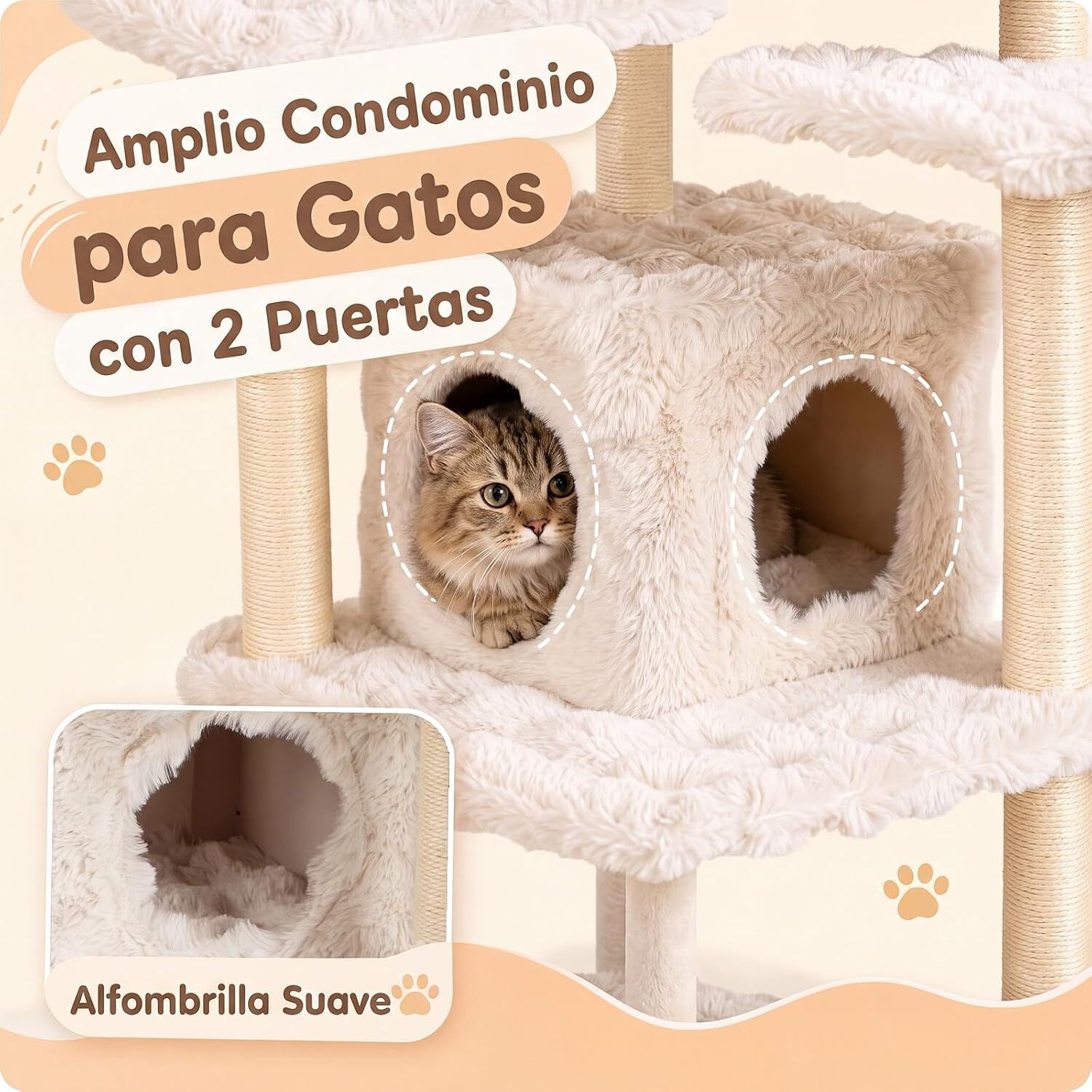COSTWAY 170 cm &Aacute;rbol para Gatos de 7 Niveles con Casita, Torre de Juego para Gatos con 6 Plataformas, Cepillo, Postes de Sisal, Bolas Colgantes, Centro de Actividad para Mascotas, Beige, , large Imagen numero 5