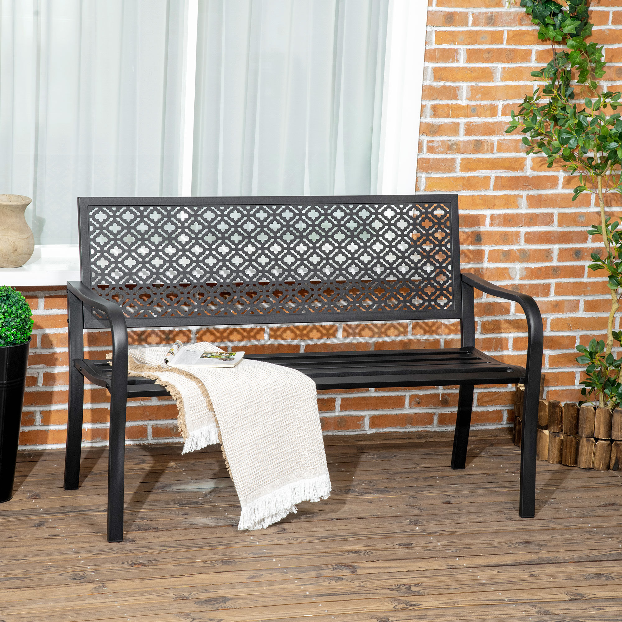 Outsunny Banco de Jard&iacute;n de Acero Banco Exterior de 2 Plazas con Respaldo Decorativo Estampado para Terraza Balc&oacute;n Patio Carga 240 kg 127x63x83 cm Negro, , large Imagen numero 2