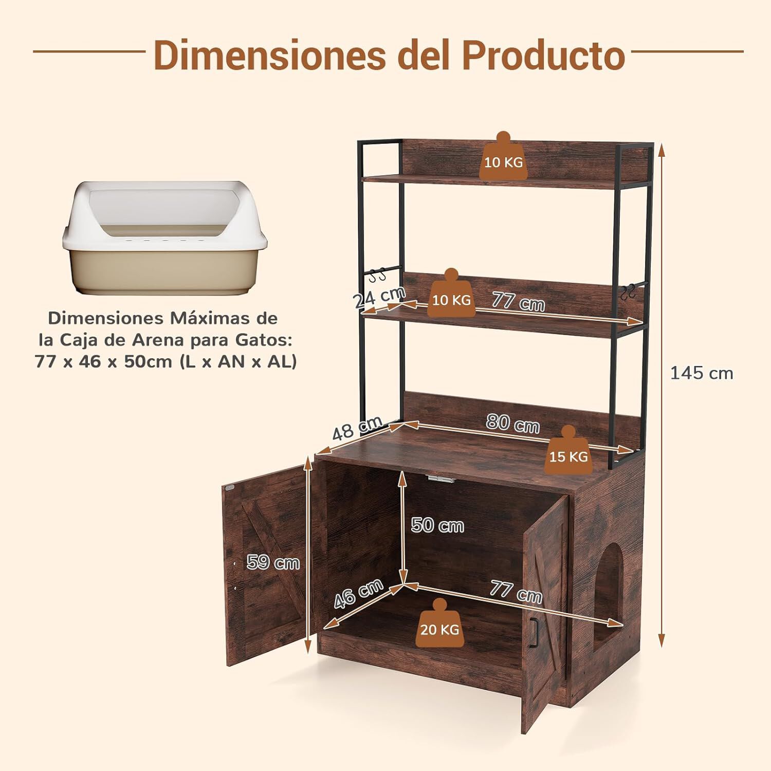 COSTWAY Mueble Arenero para Gatos, Caja de Arena Grande para Tirar Muebles Oculto para Ba&ntilde;o con Estantes de 3 Niveles, 4 Ganchos, Armario con 2 Puertas, Entrada Lateral, 80x48x145 cm (Marr&oacute;n + Negro), , large Imagen numero 5