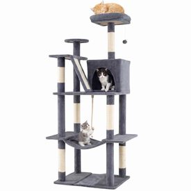 COSTWAY &Aacute;rbol Rascador para Gatos 158 CM, Torre Multinivel con 2 Cuevas Grandes,Hamaca, 3 Postes Rascadores de Sisal, Rampa y Bola Colgante, Torre Rascador de Felpa para Gatos (Gris Oscuro)