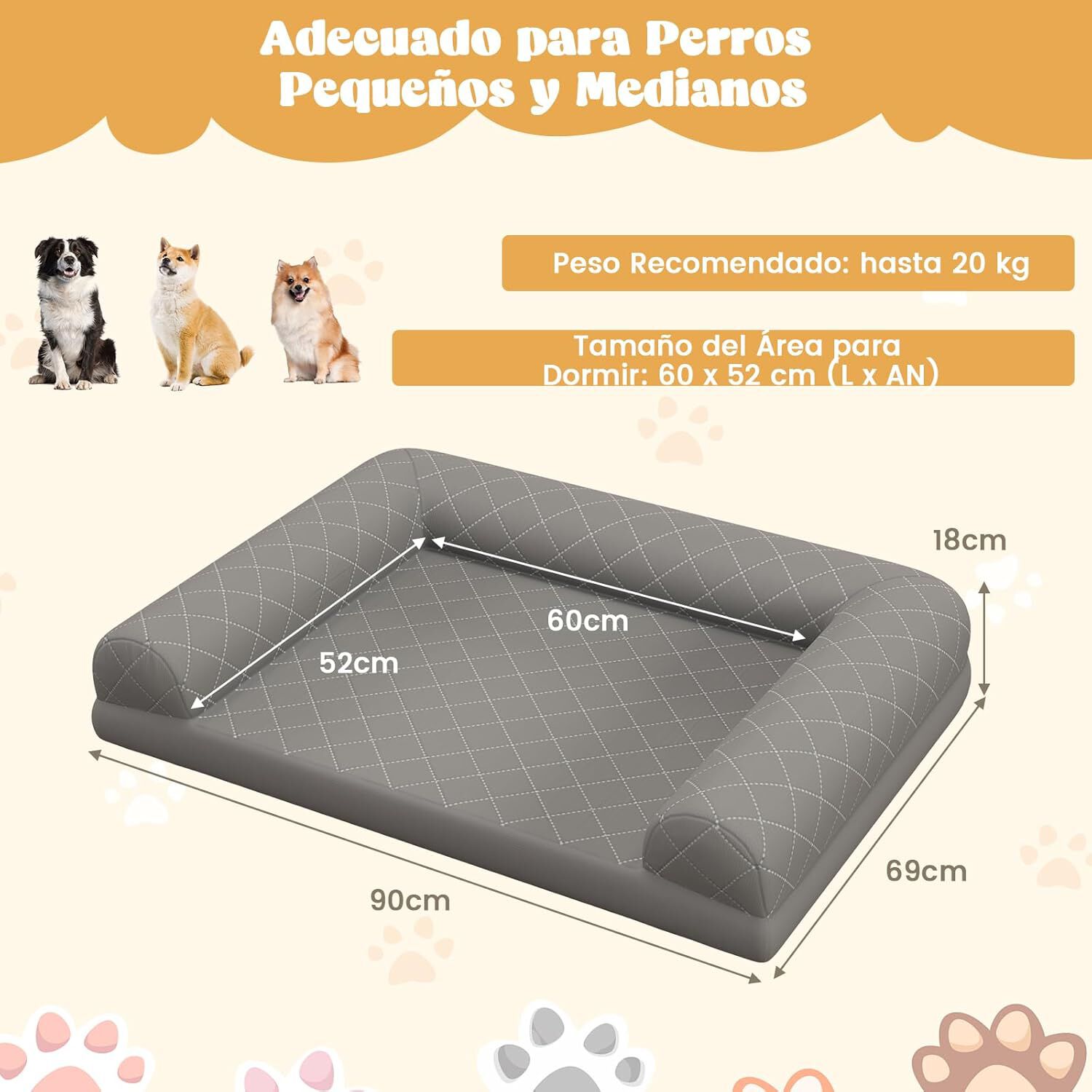 COSTWAY Cama Perros Medianos y Peque&ntilde;os, 90x69x18 cm, Cama Ortop&eacute;dica para Perros con Espuma de Huevo y Coj&iacute;n de 3 Lados, Base Antideslizante, Sof&aacute; para Mascotas, Desenfundable y Lavable (Gris), , large Imagen numero 5