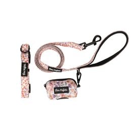 Petite Mafalda Pack Collar + Correa + Porta Bolsas con Estampado de Flores rosas para perros