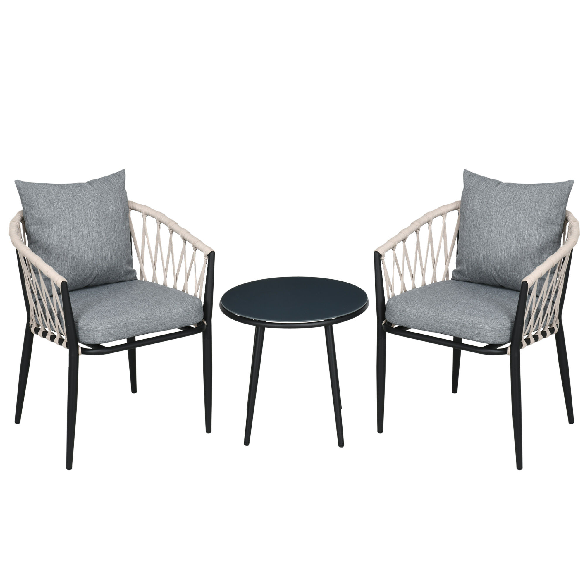Outsunny Conjunto de Muebles de Jard&iacute;n 3 Piezas Juego de Muebles de Terraza Incluye Mesa con Encimera de Vidrio Templado y 2 Sillones con Cojines Reposabrazos de Cuerda Polipropileno Gris, , large Imagen numero 1