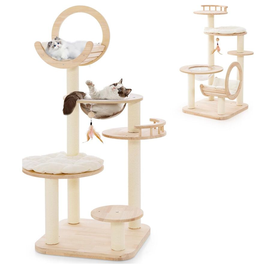 COSTWAY &Aacute;rbol para Gatos de 146 cm, 4 en 1 Torre para Gatos con Cama Curvada, 3 Plataformas Redonda, C&aacute;psula Espacial Transparente, Juguete Interactivo Colgante y Postes Rascadores de Sisal y Roble, , large Imagen numero 1