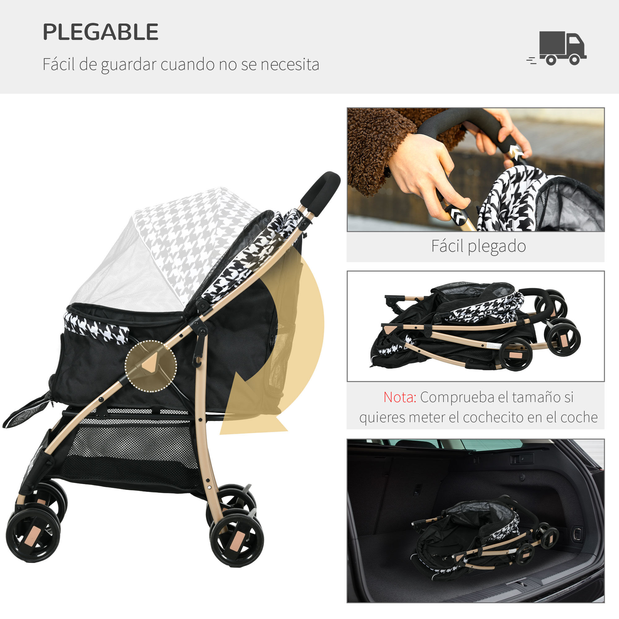 PawHut Cochecito para Perros Plegable Carrito para Mascotas con 2 Puertas Ventana de Malla Cesta de Almacenamiento Cuerda de Seguridad y Coj&iacute;n 80x44,5x97 cm Negro, , large Imagen numero 5