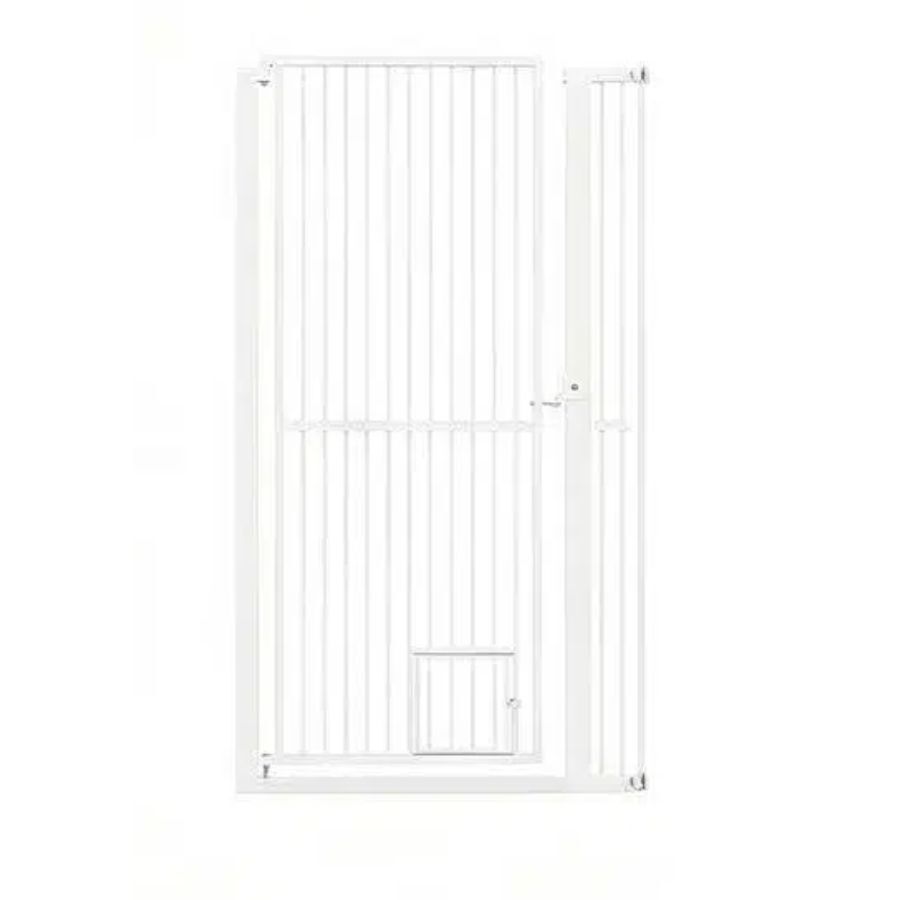 COSTWAY Puerta para Mascotas de Metal, Barrera Ajustable con 2 Extensiones y Puerta Peque&ntilde;a, Ideal para Cocina y Escaleras, 77-104 cm de Ancho, Blanco (Altura de 150cm), , large Imagen numero 1