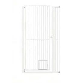 COSTWAY Puerta para Mascotas de Metal, Barrera Ajustable con 2 Extensiones y Puerta Peque&ntilde;a, Ideal para Cocina y Escaleras, 77-104 cm de Ancho, Blanco (Altura de 150cm)