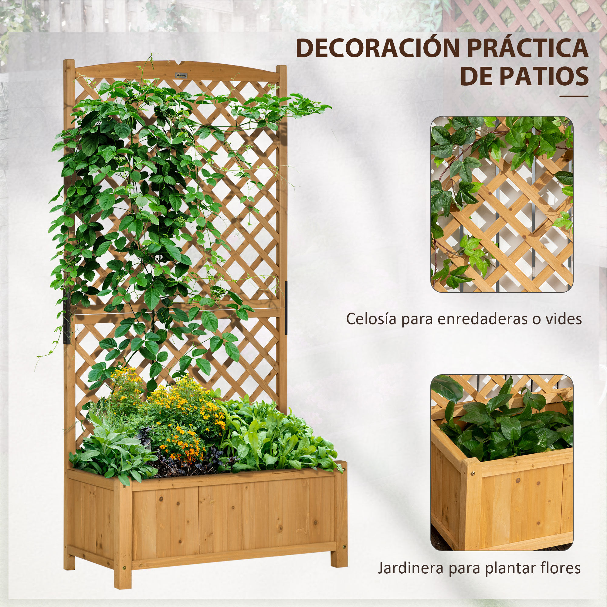 Outsunny Arriate de Jard&iacute;n con Enrejado Jardinera con Celos&iacute;a Macetero con Soporte para Trepadora Cultivos Plantas Flores para Exterior Patio Terraza Balc&oacute;n 90x45x180 cm Natural, , large Imagen numero 4