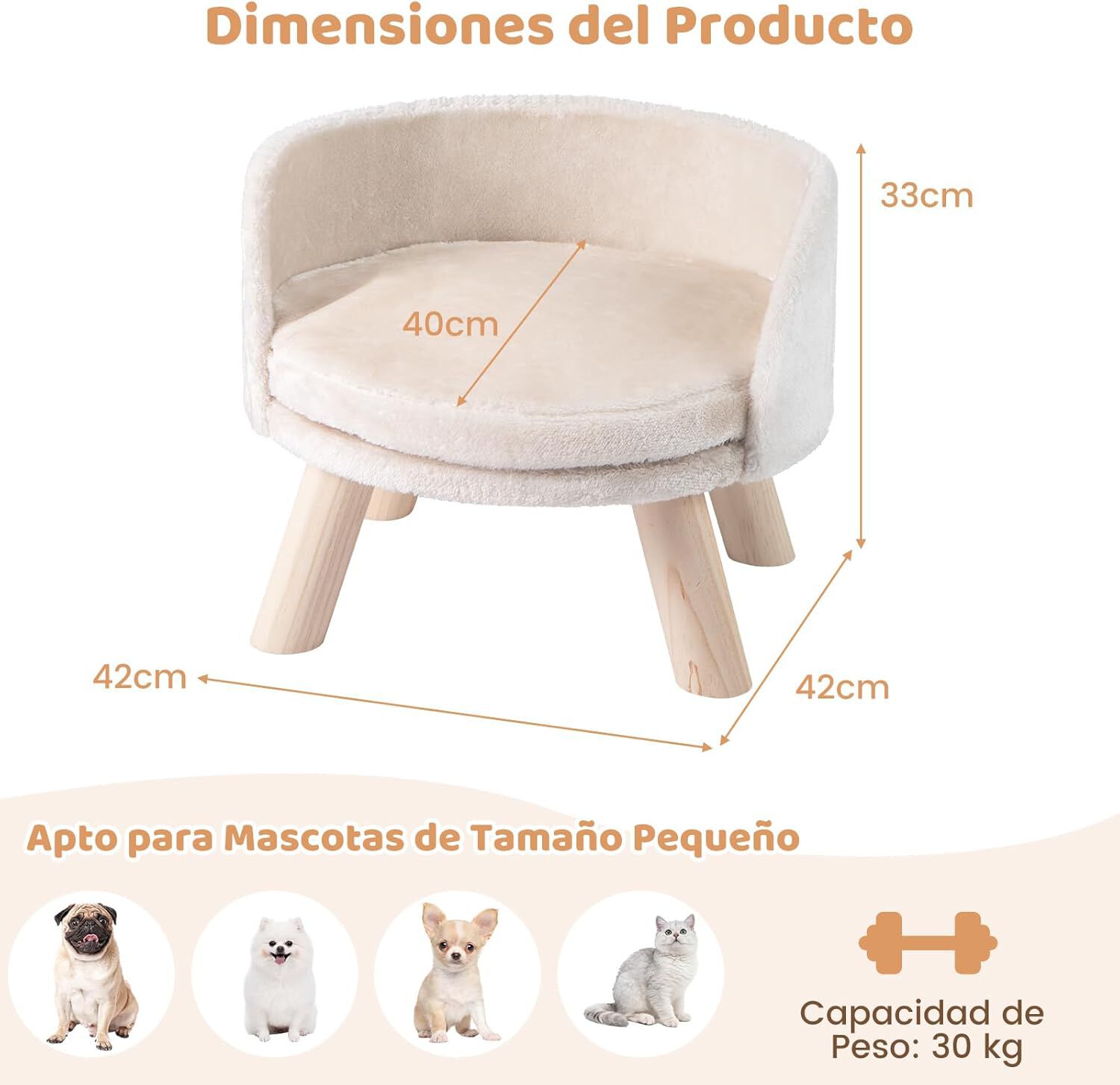 COSTWAY Sof&aacute; Cama Alta para Perros Peque&ntilde;os, Cama para Gatos con Coj&iacute;n Redondo Acolchado, Sof&aacute; para Mascotas con Patas de Madera, Mueble Elevado para Mascotas con Coj&iacute;n, 42 x 42 x 33 cm, , large Imagen numero 5