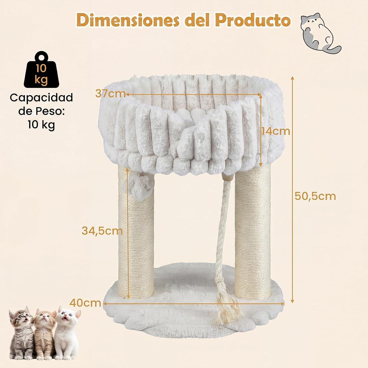 COSTWAY 40 x 40 x 50,5 cm &Aacute;rbol para Gatos Peque&ntilde;o (Beige) | Torre para Gatos con Plataforma Superior de Felpa, Rascadores de Sisal, Bola Colgante, Torre gato Interior para Mascotas, , large Imagen numero 5