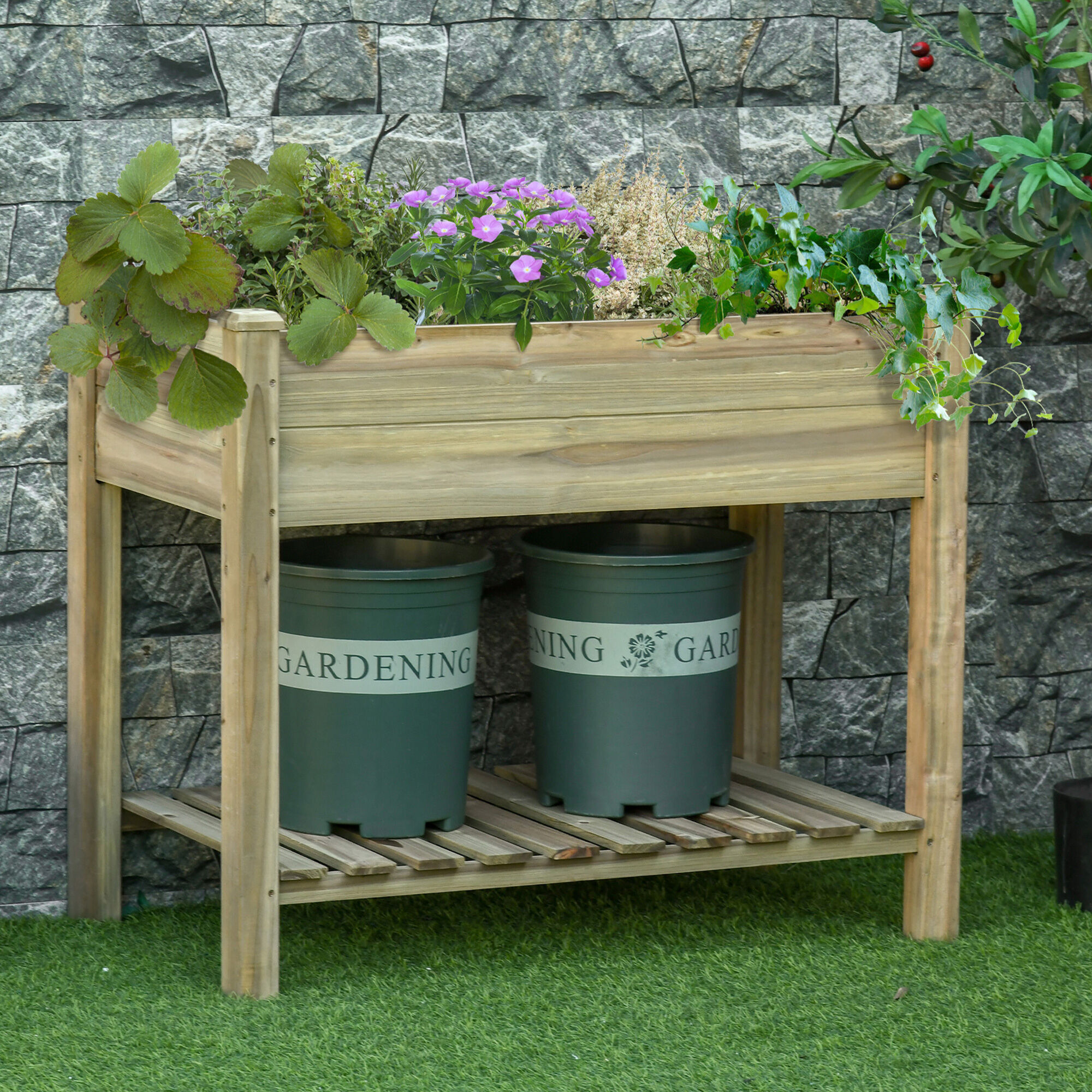 Outsunny Huerto Urbano de Madera con Estante 91x51x76 cm Mesa de Cultivo Rectangular con Orificios de Drenaje para Cultivos Plantas Jard&iacute;n Terraza Exterior Color Natural, , large Imagen numero 2