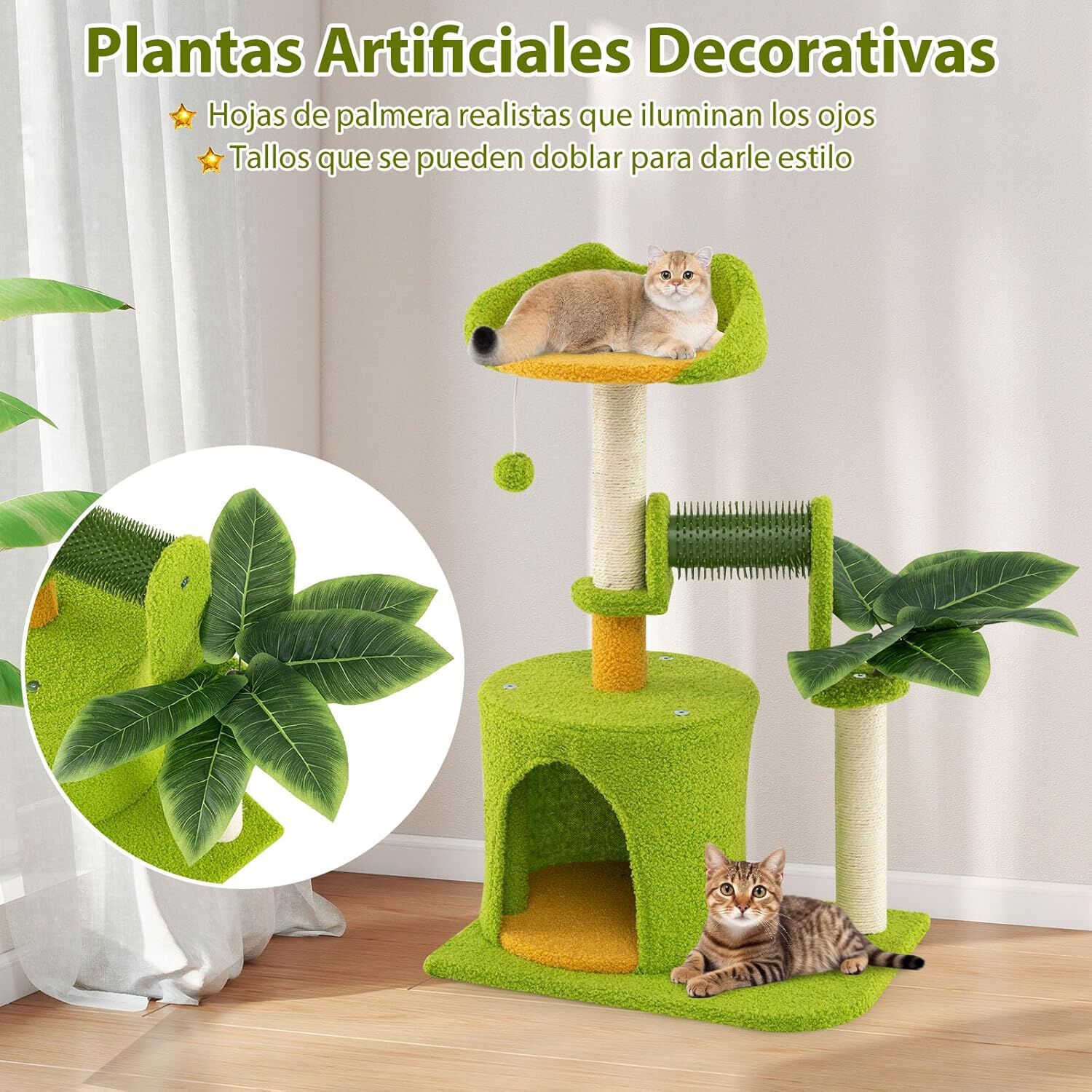 COSTWAY &Aacute;rbol para Gatos de Bosque, Torre con Condominio, Percha, Postes de Sisal, Cepillo y Pomp&oacute;n, Centro de Actividades con Hojas Artificiales, Verde y Naranja, 48 x 33 x 79 cm, , large Imagen numero 2