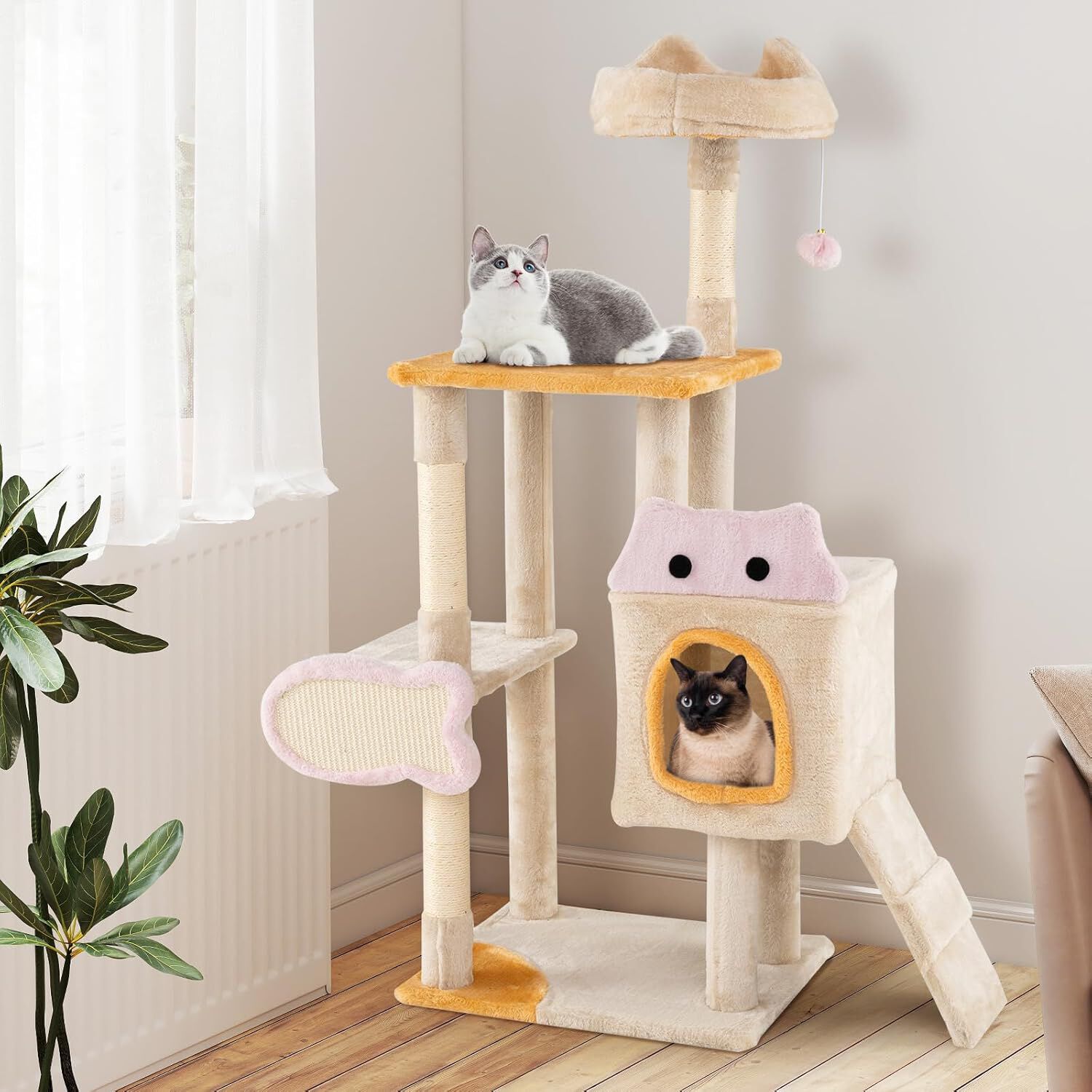 COSTWAY 125cm &Aacute;rbol Rascador para Gatos, Torre de Escalada Estable para Gato con Varios Niveles, Condominio, Postes Rascadores de Sisal, Rampa, Pelota, Castillo para Gatos, Estilo Bonito, Amarillo, , large Imagen numero 2
