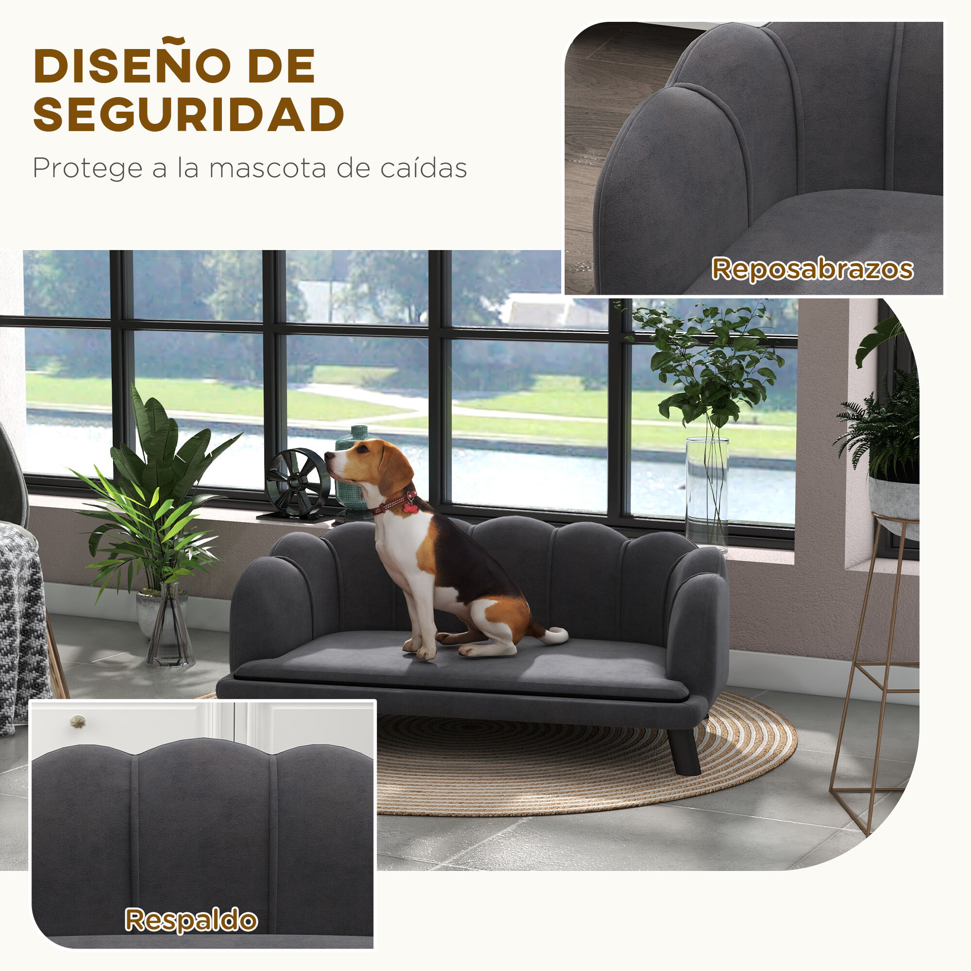 PawHut Sof&aacute; para Perros Medianos Sof&aacute; Cama para Mascotas Gatos Tapizado en Terciopelo con Patas de Madera Carga 25 kg 98,5x60,5x35,5 cm Gris Oscuro, , large Imagen numero 5