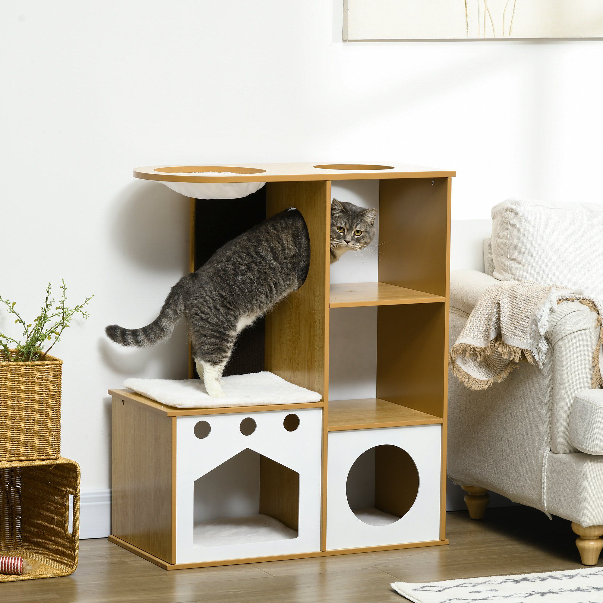 PawHut &Aacute;rbol Rascador para Gatos de Madera 92,5 cm Torre para Gatos para Gatitos de Interior con 2 Cuevas Rascador Hamaca y Cojines de Felpa 76x37x92,5 cm Roble, , large Imagen numero 2