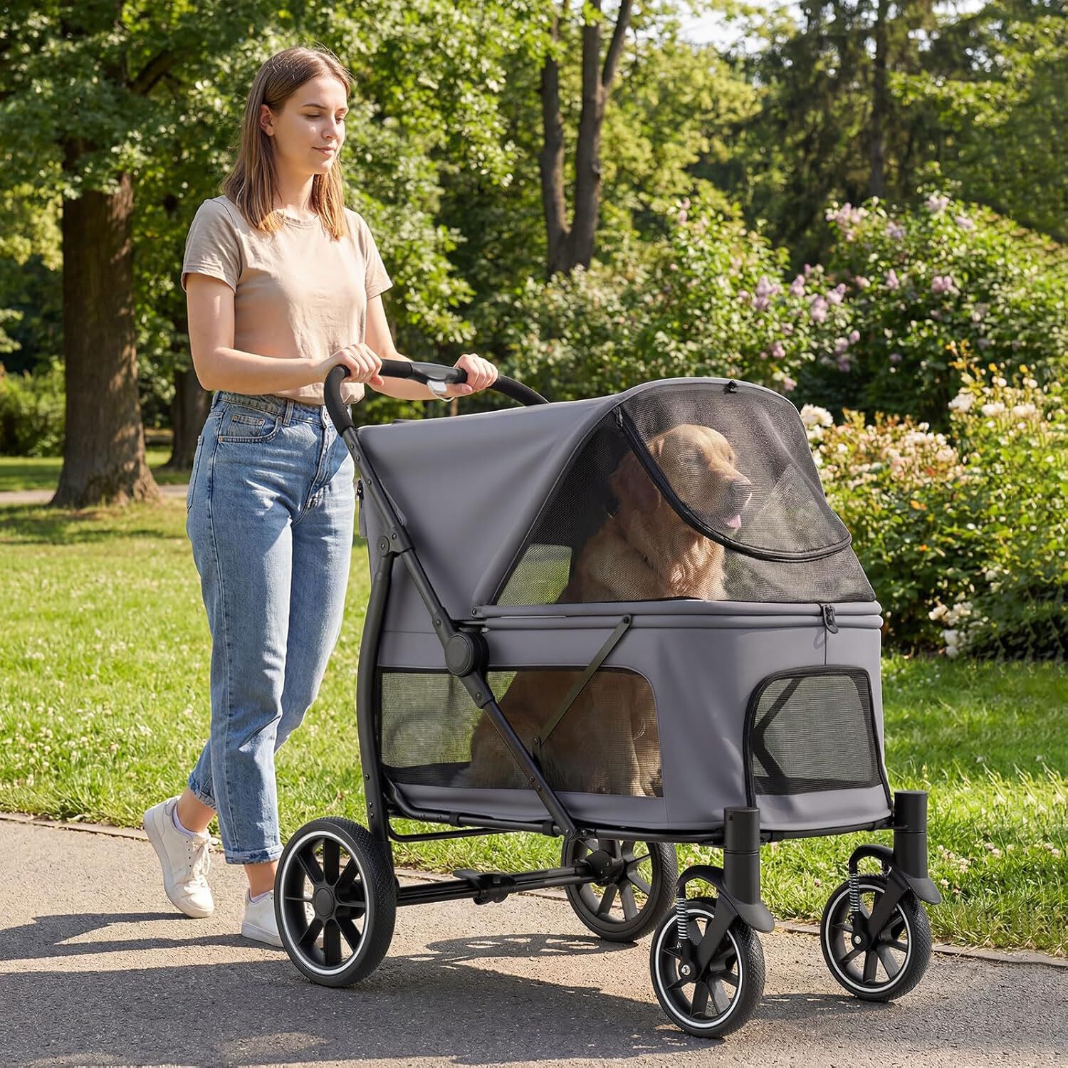 COSTWAY Carrito para Perros Plegable Grande, Cochecito para Mascotas con Ruedas, Toldo Ajustable de Malla, Bolsillos de Almacenamiento y Cintur&oacute;n de Seguridad, Carga 40 kg, 96 x 71 x 102,5 cm, Gris, , large Imagen numero 2