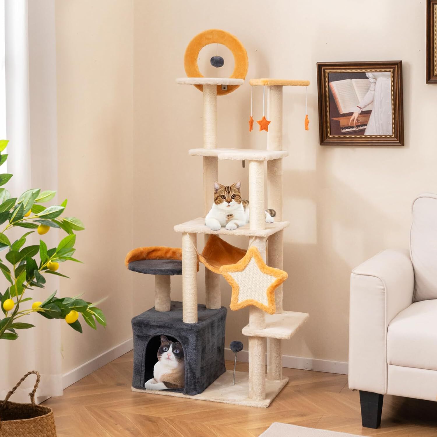 COSTWAY &Aacute;rbol Rascador para Gatos, Altura 160cm, Rascador para Gatos de Varios Niveles con Postes de Sisal y Tablero, Condo, Plataforma y Perchas, Juguetes Colgantes, Tela de Felpa, Torre para Gatitos, , large Imagen numero 2
