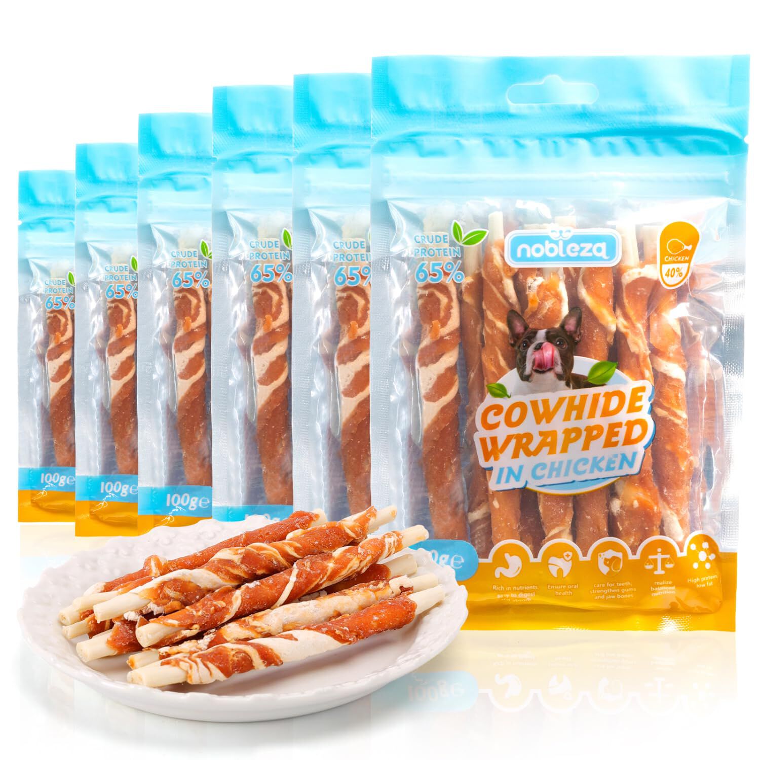 Nobleza - Snacks Naturales para Perros, Palitos de Piel de Vaca Envuelto en Pollo, Chuches para Perros, Golosinas para Perro, Premios para tu Mascota, 13cm, 6 Pack (6 x 100g), , large Imagen numero 1