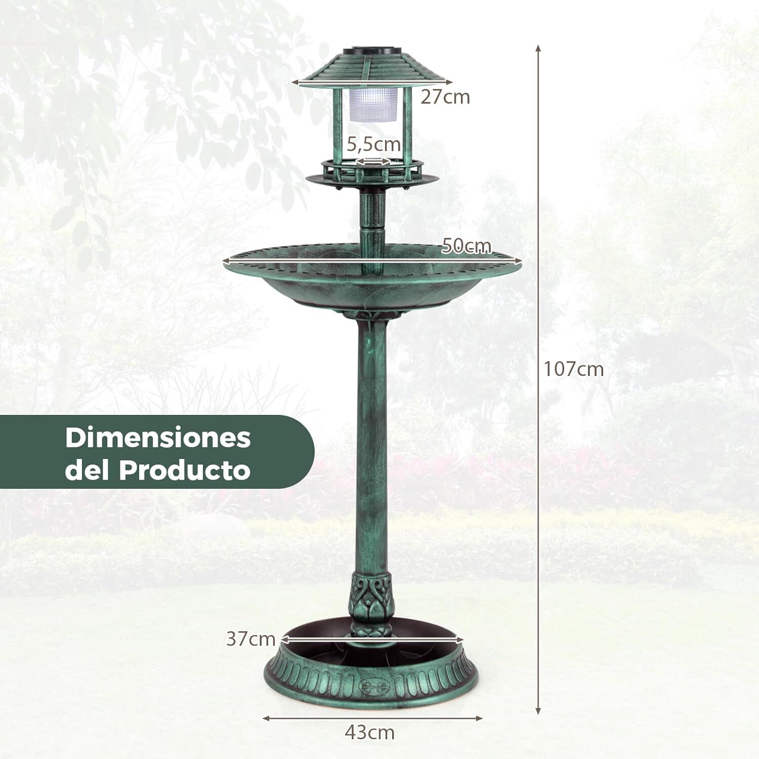 COSTWAY Comedero Pajaros Exterior de PP, Alimentaci&oacute;n de Aves de Jard&iacute;n, Comedero Vertical para P&aacute;jaros en Estilo Retro, Decorativo Exterior Ba&ntilde;o de P&aacute;jaros (Verde Cobre, 50 x 50 x 107 cm), , large Imagen numero 3