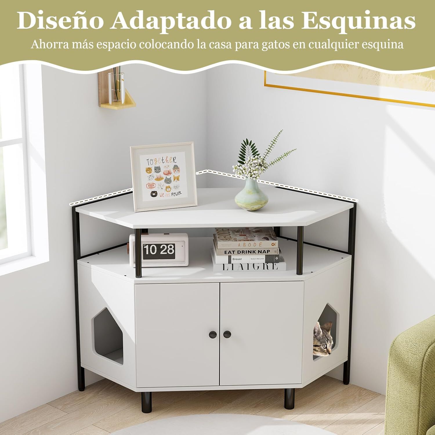 COSTWAY Mueble Arenero para Gatos, Casa Esquinera para Gatos de Madera con Estante Abierto, 2 Puertas, 2 Entradas y Patas de Metal, Casa de Ba&ntilde;o para Mascota, 105 x 50 x 73 cm (Blanco), , large Imagen numero 3