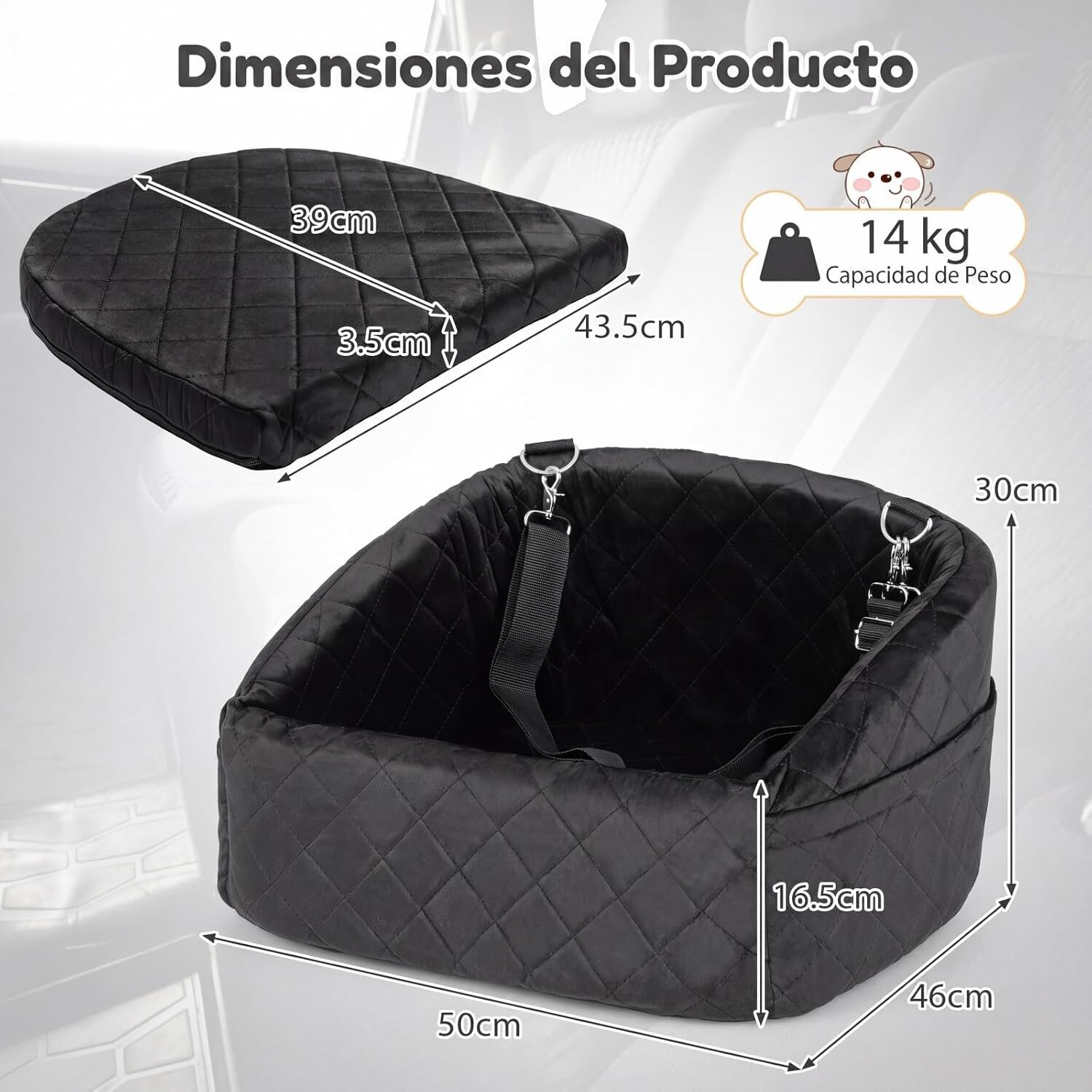 COSTWAY Asiento de Coche para Perros Peque&ntilde;os y Medianos, Transport&iacute;n Perro Coche con Correa de Seguridad, Bolsillos de Almacenaje, Base Antideslizante y Funda Lavable, 50 x 46 x 30 cm (Negro), , large Imagen numero 5