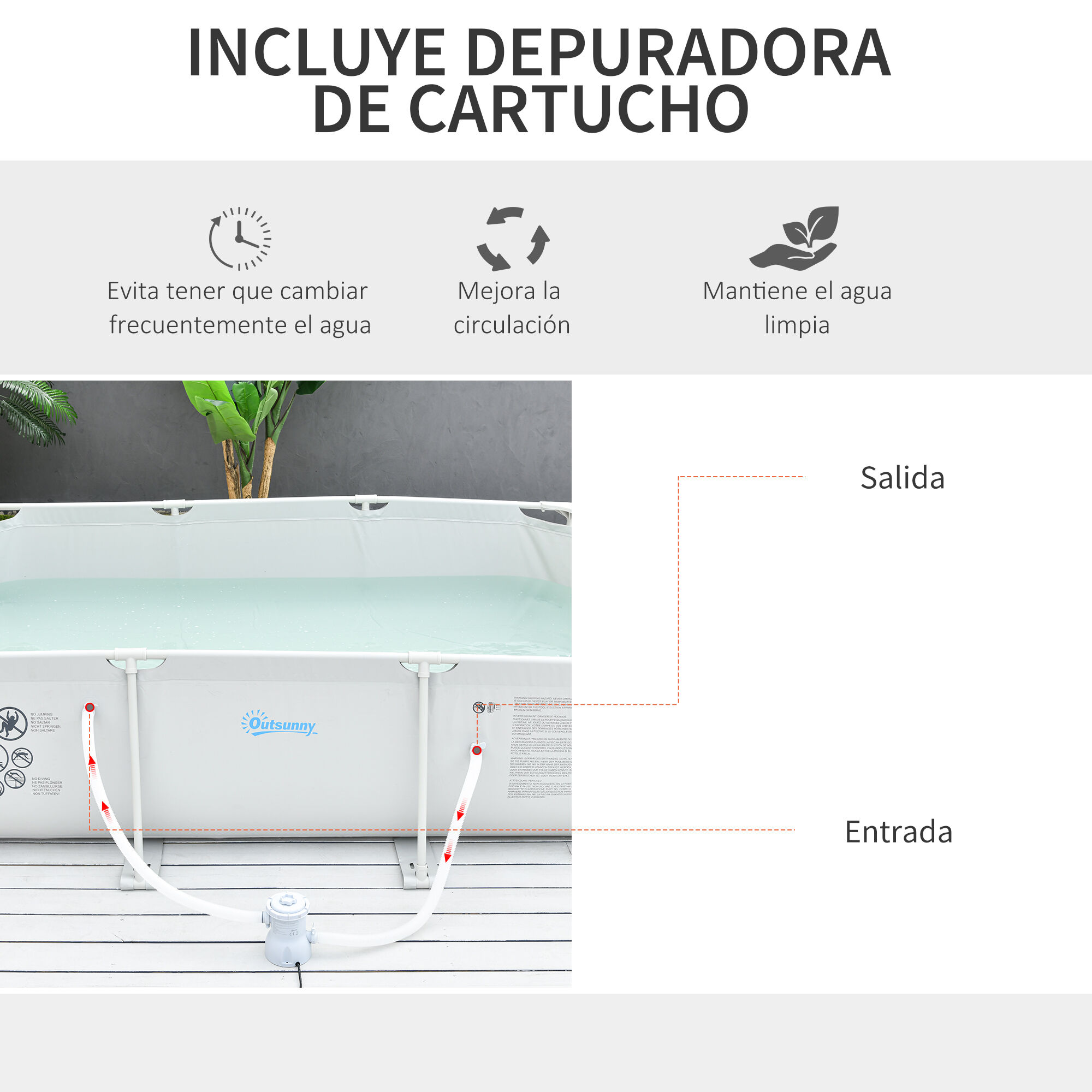 Outsunny Piscina Desmontable Tubular 292x190x75 cm con Depuradora de Cartucho 1200L/H Piscina Rectangular de Exterior para Adultos y Ni&ntilde;os 3600L Gris, , large Imagen numero 5