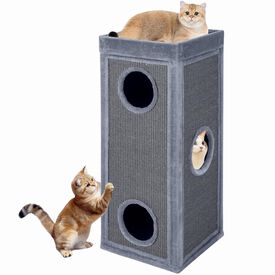 COSTWAY Casa para Gatos de 3 Pisos, Condo para Gatos en Forma de Barril con 3 Escondites y Postes Rascadores de Sisal, 4 Suaves Cojines de Felpa Extra&iacute;bles, Cueva para Gato de Interior (Gris Claro)
