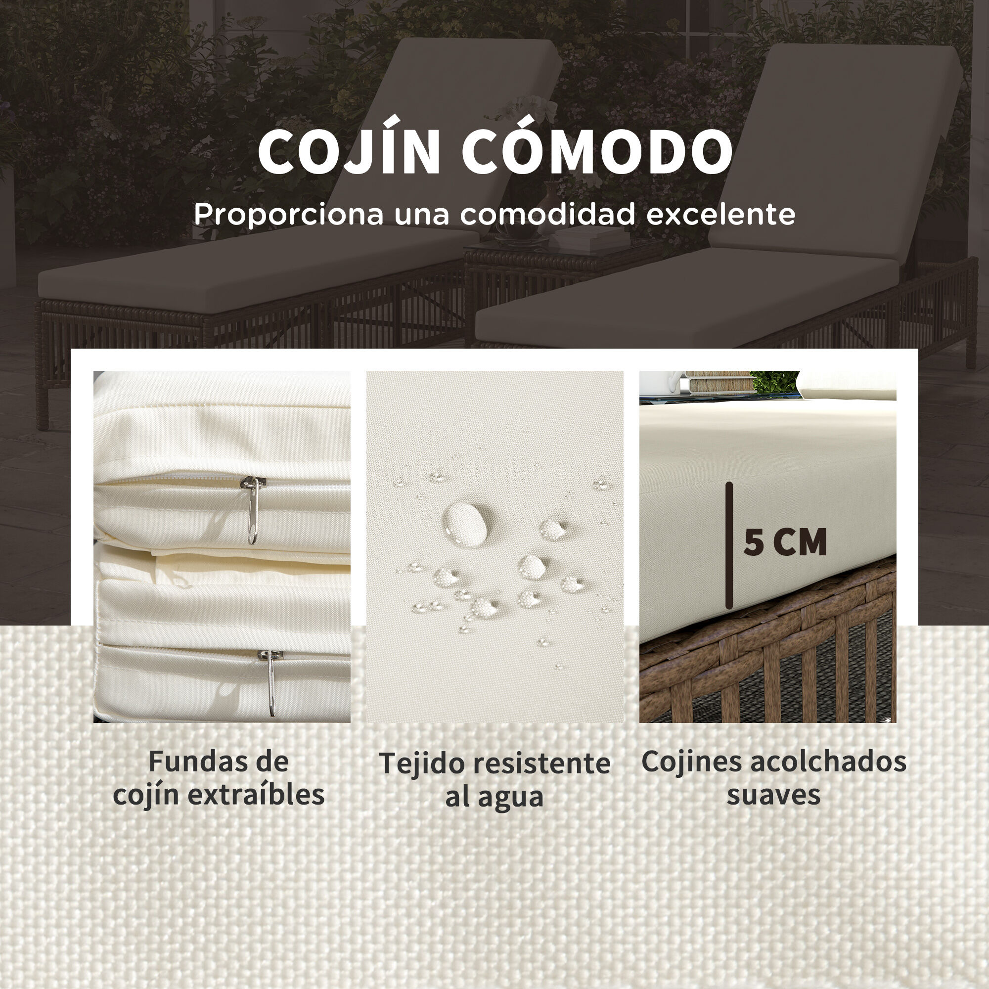 Outsunny Conjunto de 2 Tumbonas de Rat&aacute;n Tumbonas de Jard&iacute;n con Mesa de Centro Respaldo Ajustable en 5 Niveles y Cojines 196x54x32 cm Beige, , large Imagen numero 5