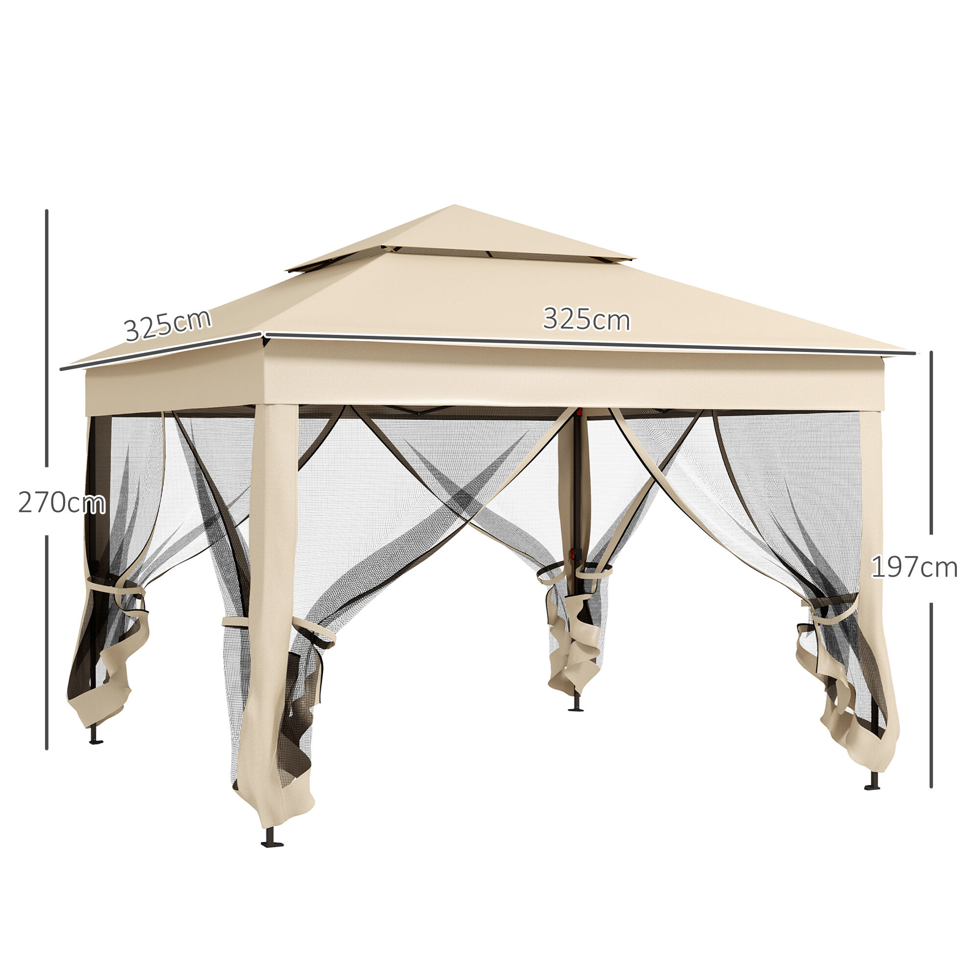 Outsunny Carpa Plegable 325x325x270 cm Cenador de Jard&iacute;n Gazebo con Doble Techo Paredes Laterales Desmontables y Marco Met&aacute;lico para Camping Fiestas Crema, , large Imagen numero 3