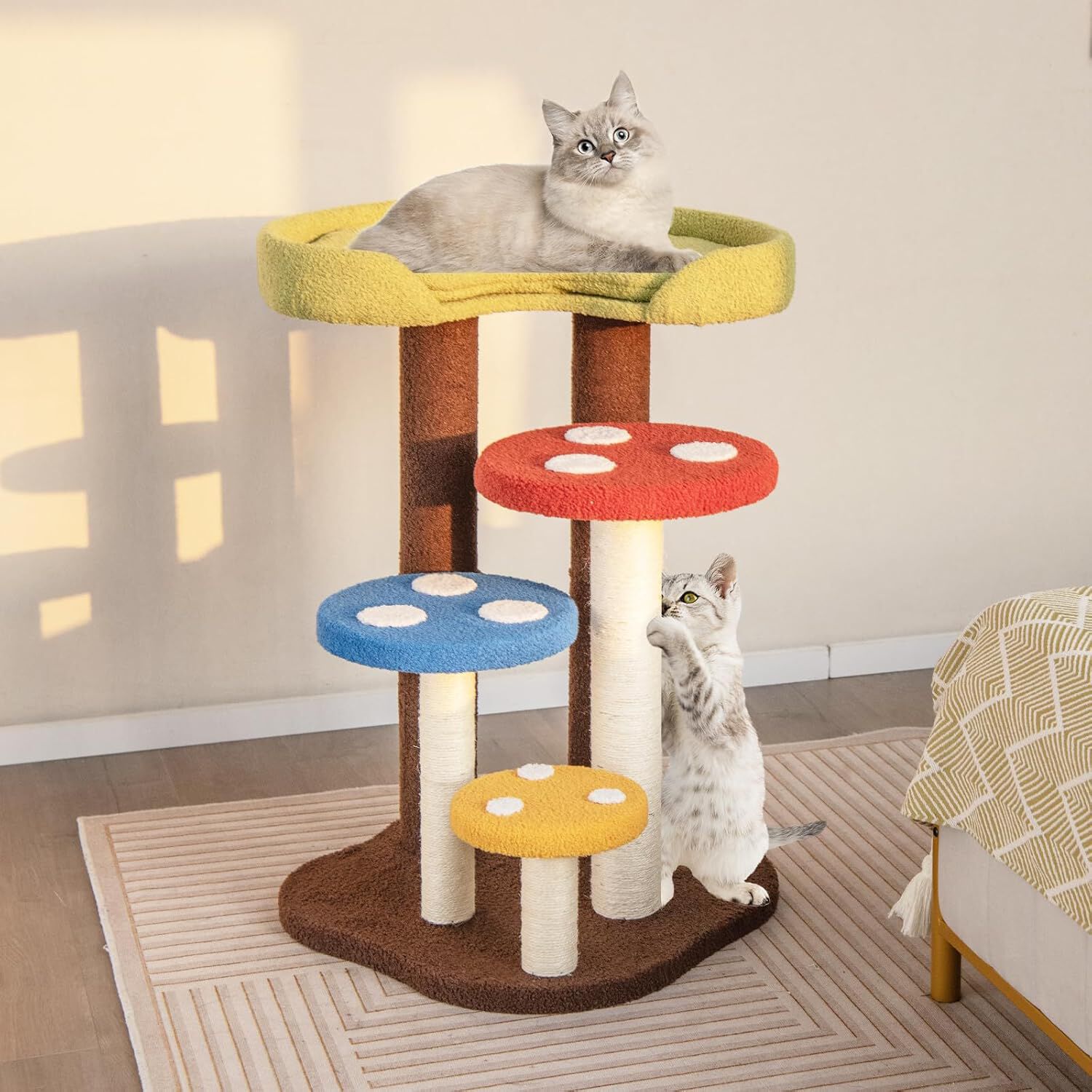 COSTWAY 3 en 1 &Aacute;rbol para Gatos en Forma de Hongo, Torre para Gatos de 5 Niveles con 3 Postes de Sisal Completamente Envueltos, Tapete y Plataformas Extra&iacute;bles (65 x 60 x 94), , large Imagen numero 2